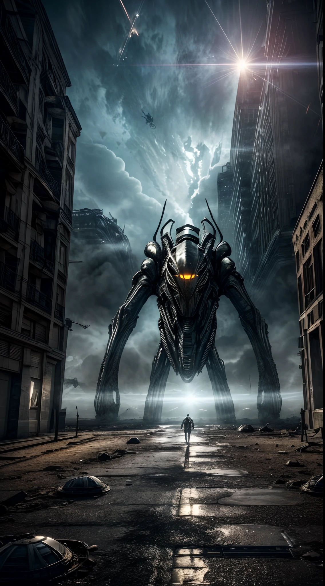masterpiece, best quality, intricate detail, complex scenery, thrilling, dramatic action, 8k, hdr, "Creepy and intense alien invasion scene with sunny daylight and clear azure blue sky atmosphere, dramatic bright lighting, and intense action. Show powerful extraterrestrial creatures, advanced technology, destroyed cityscape, panicked civilians, and a sense of imminent danger. Generate an unsettling and immersive image that captures the chaos, cruelty, devastation and terror of an otherworldly huge alien insectoid monster invasion, they look and act like devils and demons from outer space", groups of anxious people in panic trying to escape from extinction, ultra complex highly dramatic scenery with intricare details, ultra fine render textures.