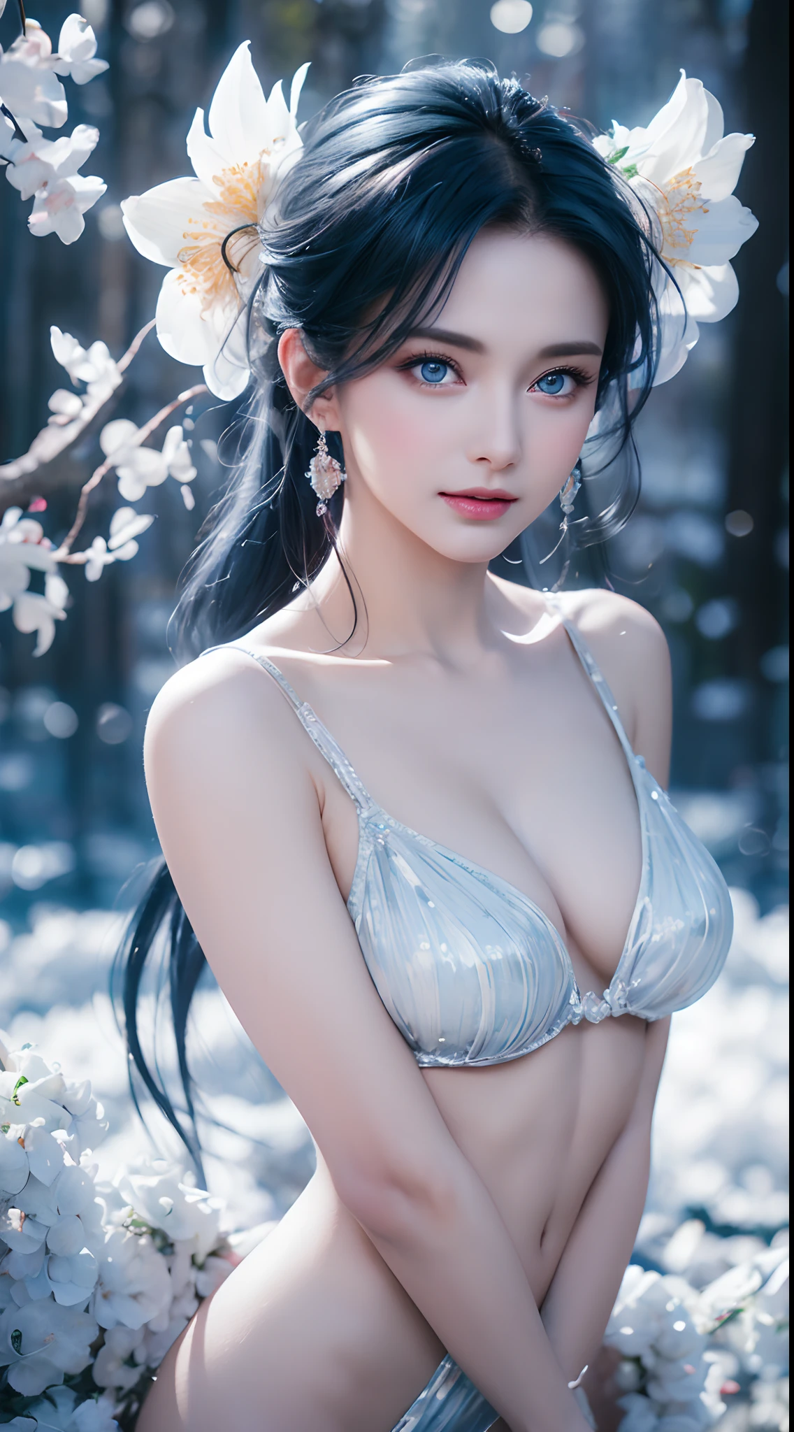 Realistic, full body portrait of a young girl, perfect body, perfect professional pose, 20 years old. Musical blue hair, beautiful realistic light blue eyes; beautiful white teeth, happy smile, attractive, make up the world's most beautiful perfect face overall, hand painted meticulously detailed highest image quality 3d 8k, perfect white skin, beautiful look, multicolor liquid acrylic, wet marble body, Michael Garmash, Daniel F Gerhartz, cinematic lighting, waterfall scene, volumetric lighting, clean and smooth art, smooth pulp adventure , ornate patterns, elegant organic frames, surrealism, masterpiece collections, realistic colors, wet gouache. Highest image quality, most detailed 8k.