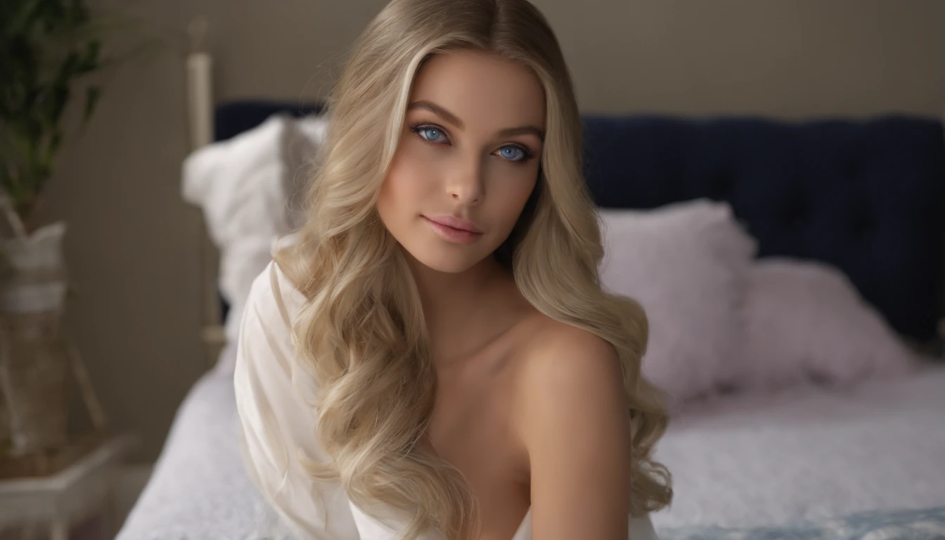 arafed woman fully , sexy girl with blue eyes, ultra realistic, meticulously detailed, portrait sophie mudd, blonde hair and large eyes, selfie of a young woman, bedroom eyes, violet myers, without makeup, natural makeup, looking directly at the camera, face with artgram, subtle makeup, stunning full body shot kneeling on bed, in bedroom, medium to large size bust