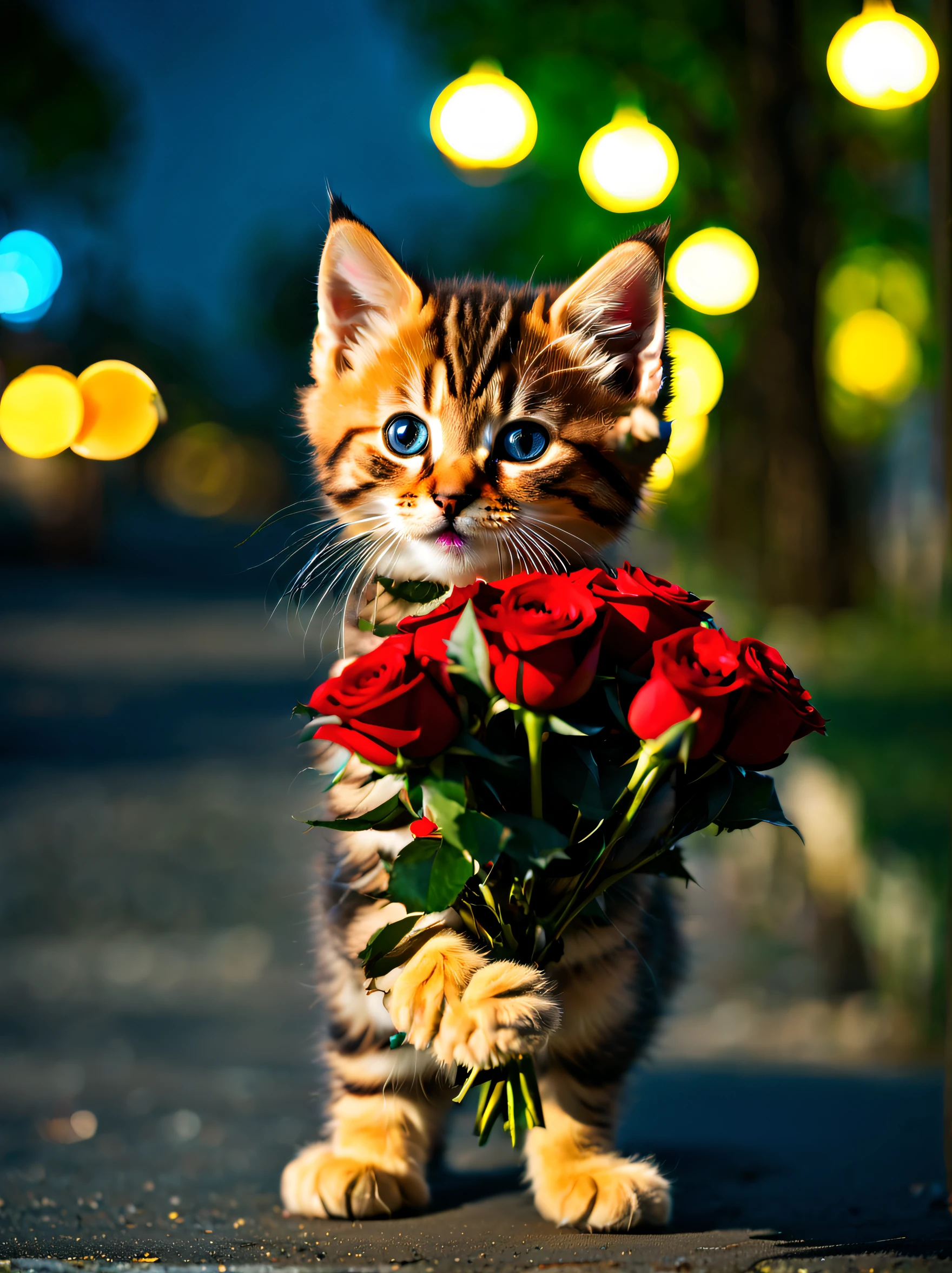 A kitten, hairy pubic, extremely cute, Short legs, roundly eyes, Wearing blue cargo pants, Holding a bouquet of red roses, Walk the streets at night, The street lamps glow yellow, There is a tree on the side of the road, licking lips, wide shot, 135mm, blurry foreground, cinematic lighting, UHD