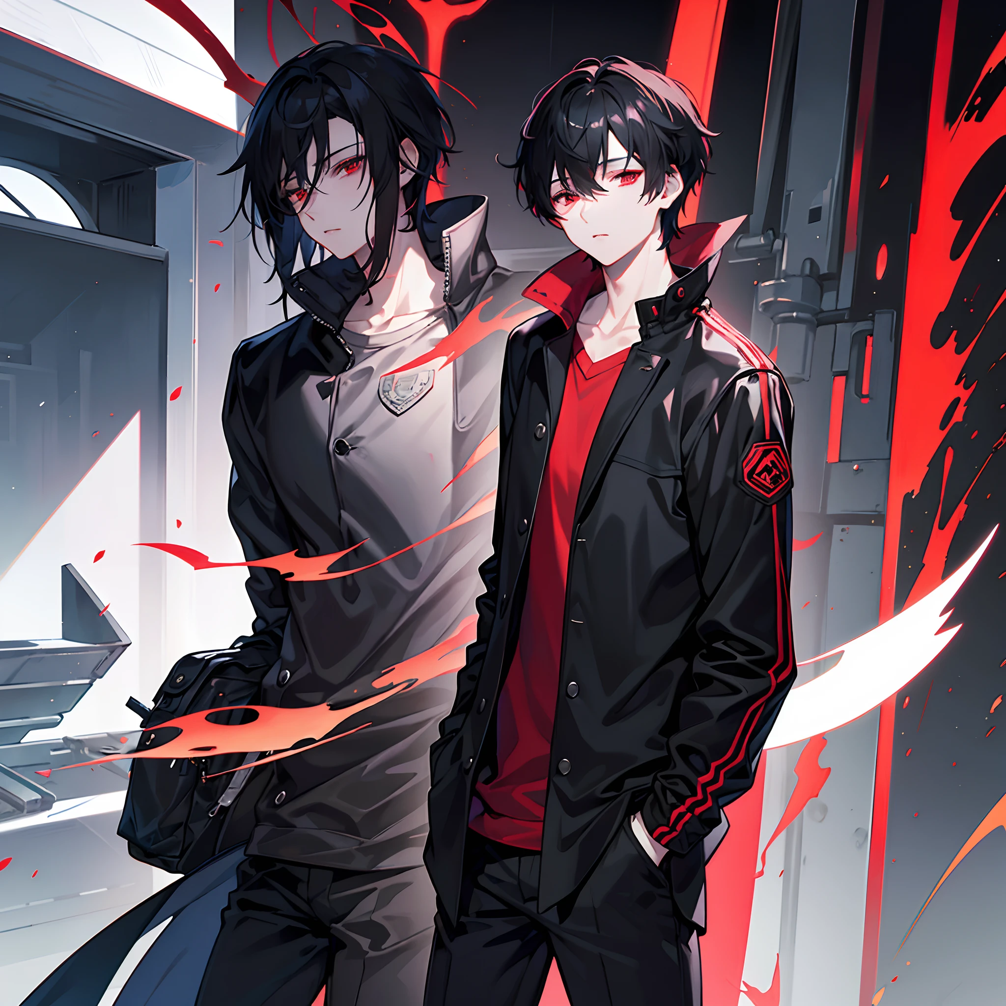 A dark haired , red eyes , fair skin , perfect face , detailed eyes , masterpiece, wearing a long jacket all black,hands in pocket , boy , manhwa style