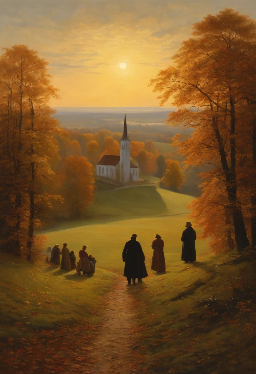 Painting of a group of people, die auf einem Feld mit einer Kirche im Hintergrund spazieren gehen, warmes Herbstlicht, colorful leaves, Sonne seitlich von vorn,  a painting by Caspar David Friedrich, Shutterstock, Romantik, Kramskoi, Kramskoi 4 K, Romantik Malerei, Gotische Malerei, Romantik Landschaftsmalerei, asher david friedrich, caspar friedrich, dunkel, david friedrich, atmospheric scene, beksiński