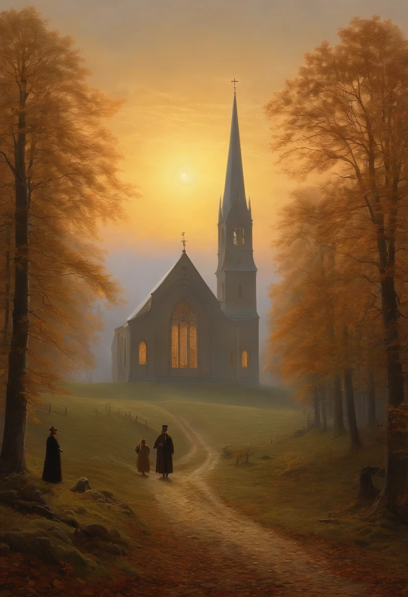 Painting of a group of people, die auf einem Feld mit einer Kirche im Hintergrund spazieren gehen, warmes Herbstlicht, colorful leaves, Sonne seitlich von vorn, a painting by Caspar David Friedrich, Shutterstock, Romantik, Kramskoi, Kramskoi 4 K, Romantik Malerei, Gotische Malerei, Romantik Landschaftsmalerei, asher david friedrich, caspar friedrich, dunkel, david friedrich, atmospheric scene, beksiński