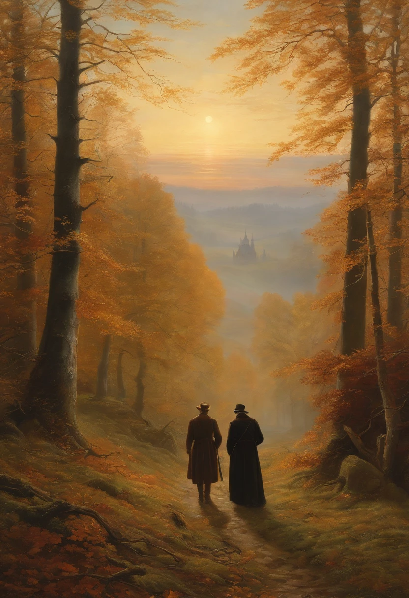 Painting of a group of people, die auf einem Feld mit einer Kirche im Hintergrund spazieren gehen, warmes Herbstlicht, colorful leaves, Sonne seitlich von vorn, a painting by Caspar David Friedrich, Shutterstock, Romantik, Kramskoi, Kramskoi 4 K, Romantik Malerei, Gotische Malerei, Romantik Landschaftsmalerei, asher david friedrich, caspar friedrich, dunkel, david friedrich, atmospheric scene, beksiński