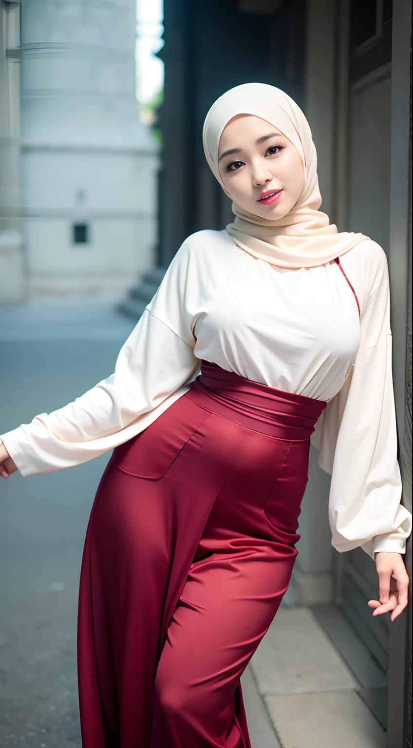 Best quality, masterpiece, 1girl, beautiful face, small waist, huge breast, with hijab, long blouse, long pants, covered with clothes, look at viewers, cute pose, little smile, korean doll,