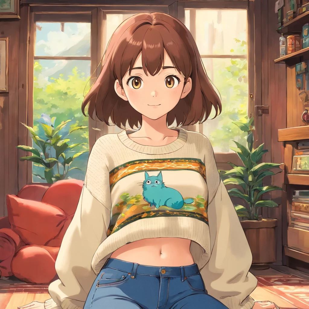 Girl wearing a cropped sweater that comes just above her belly button and low rise jeans #fullbody