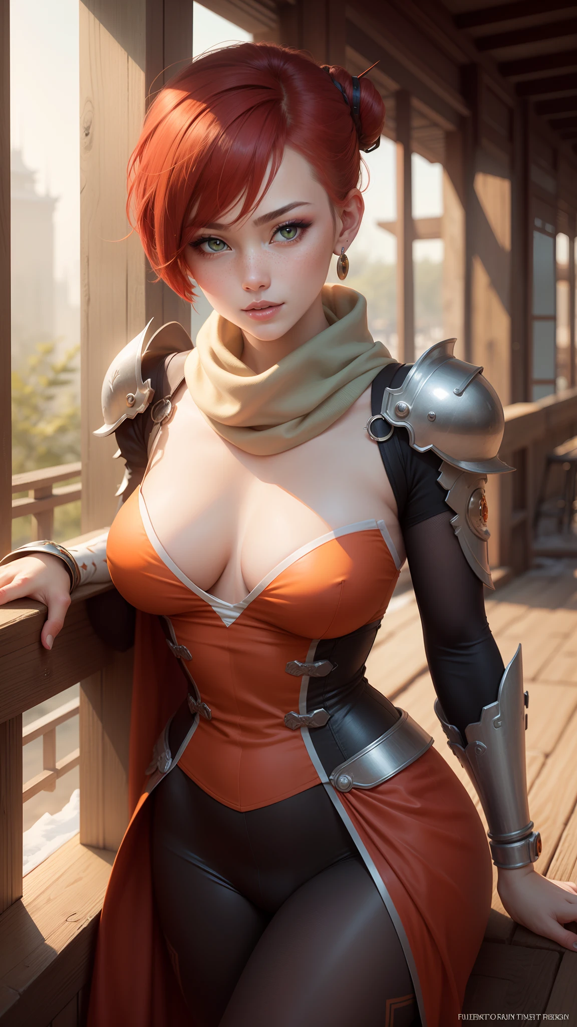 gwen tennyson,tracer,chun-li,rebecca chambers,overwatch,gundam,1girl,close up,mecha pilot,chinese garden,orange and pink dress,chinese hair pin,pirate corset,silver long sleeve lycra top,silver leggings,short hair,cute makeup,green eyes,orange and blue hair,shy smile, freckles,redhead,beautiful girl,large breasts,ultra detailed,realistic,fantasy art,chinese dress,chinese armor,snow scarf,feudal era,steel armor,earrings,