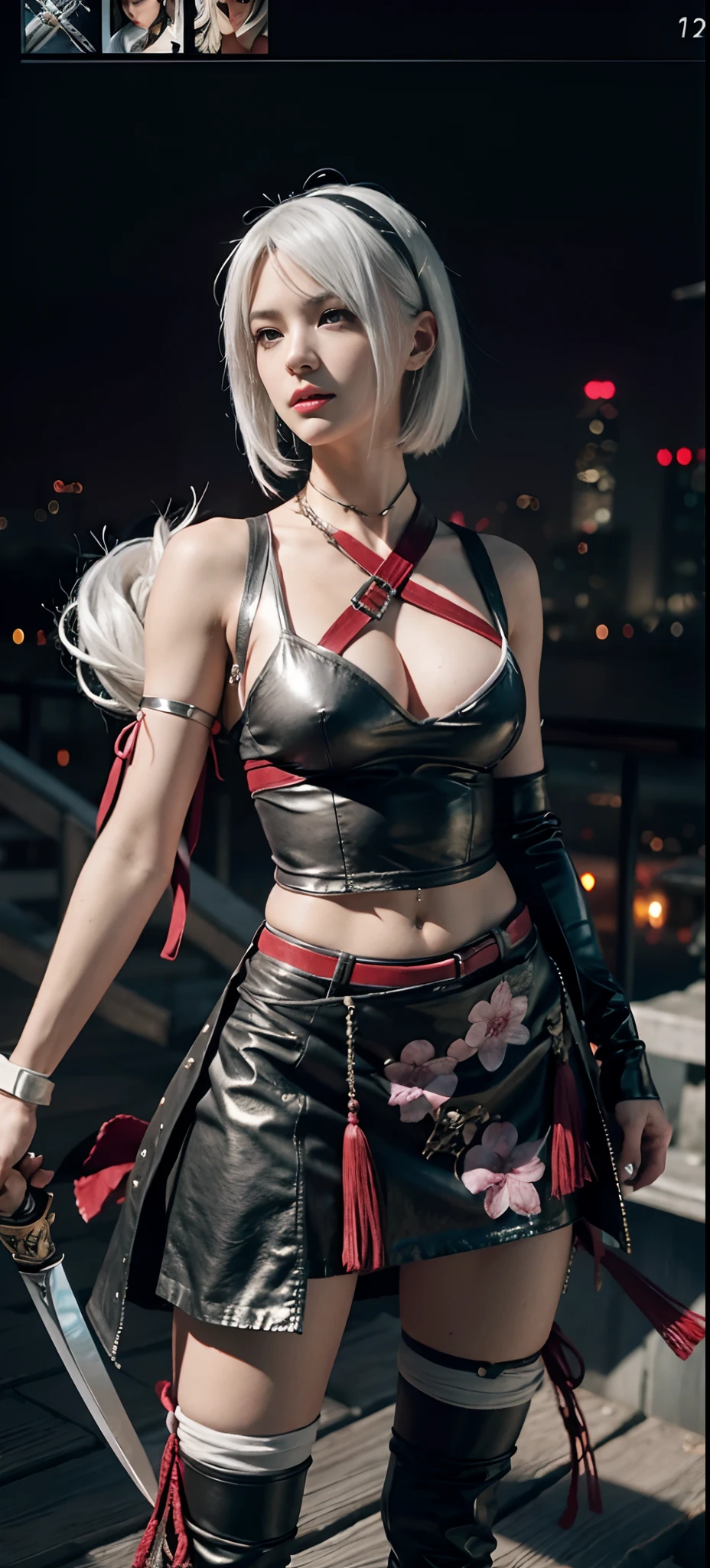 a close up of a person in a costume with a sword, as a character in tekken, female character, tifa lockhart with white hair, katana zero video game character, lunar themed attire, kda, slim body, cyborg - girl with silver hair, upper body avatar, (( medium breast;1.2)), fashion gameplay screenshot, fighting game character, new character, floralpunk elysian maiden, sigma female