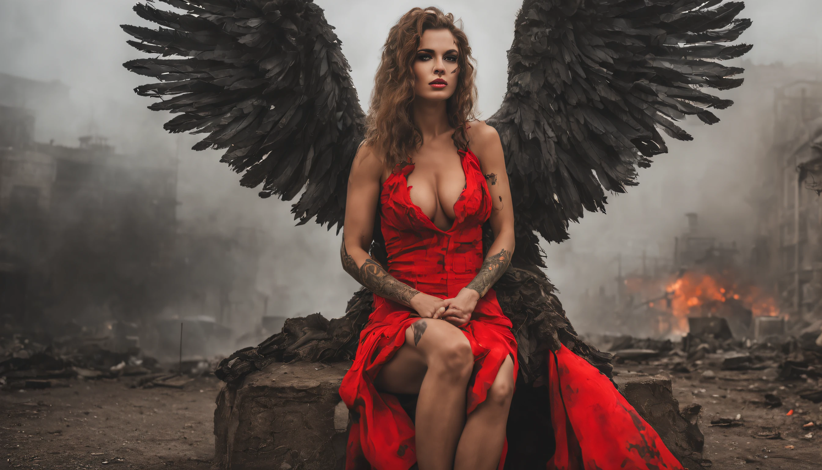 An attractive and provocative evil fallen angel tattooed Russian female with massive tits naked, con grandes alas angelicales de color rojo y negro, pelo rojo largo y suelto mecido por el aire, pose atractiva y provocativa, pale thin, Vaina expuesta, oficial militar, sentado en el suelo en movimiento por  las calles en ruinas de una ciudad apocaliptica en llamas, rodeada por el humo y la niebla, tras una gran batalla.