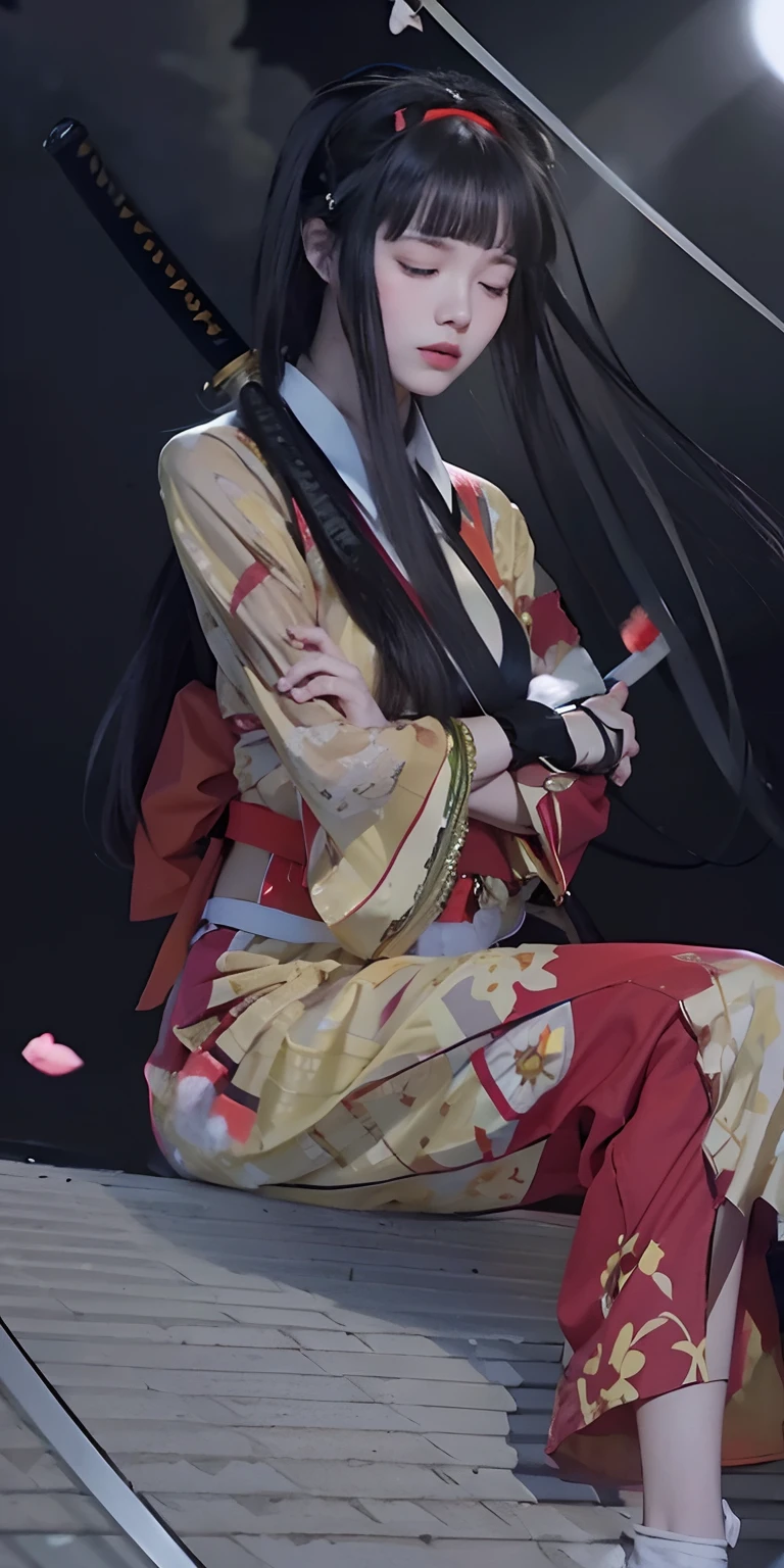 1girl,big breast,black hair,long hair,holding a katana,yellow and red clothes,closed eyes,sitting a roof, night