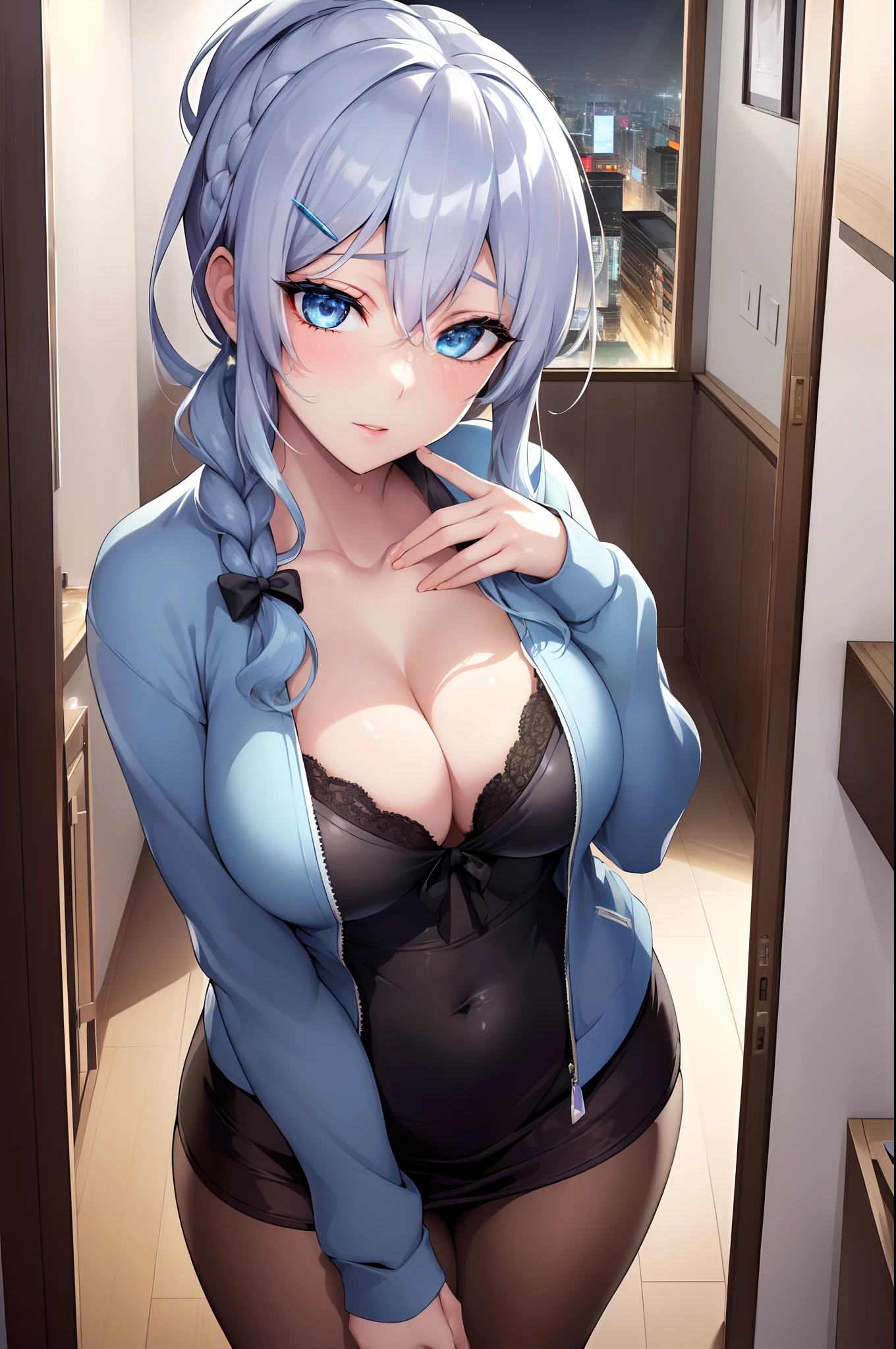 (Night:1.7), Japan, cyberpunk, CityView, Before Window,wooden floor,
Standing at attention,
Blue Jacket, Grey Shirt, collarbone, deep cleavage,
jewelry,gem,bangs, silver Hair, blue Eyes, Braid,long hair, low ponytail, a bow tie,hair ornament, hairclip,
1 girl, 20yo,Young female,Beautiful Finger,Beautiful long legs,Beautiful body,Beautiful Nose,Beautiful character design, perfect eyes, perfect face,expressive eyes,
looking at viewer, in the center of the image,(Upper_body),(Focus on her face),
official art,extremely detailed CG unity 8k wallpaper, perfect lighting,Colorful, Bright_Front_face_Lighting,shiny skin,
(masterpiece:1.0),(best_quality:1.0), ultra high res,4K,ultra-detailed,
photography, 8K, HDR, highres, absurdres:1.2, Kodak portra 400, film grain, blurry background, bokeh:1.2, lens flare, (vibrant_color:1.2)
(Beautiful,Breasts), (beautiful_face:1.5),(narrow_waist),
