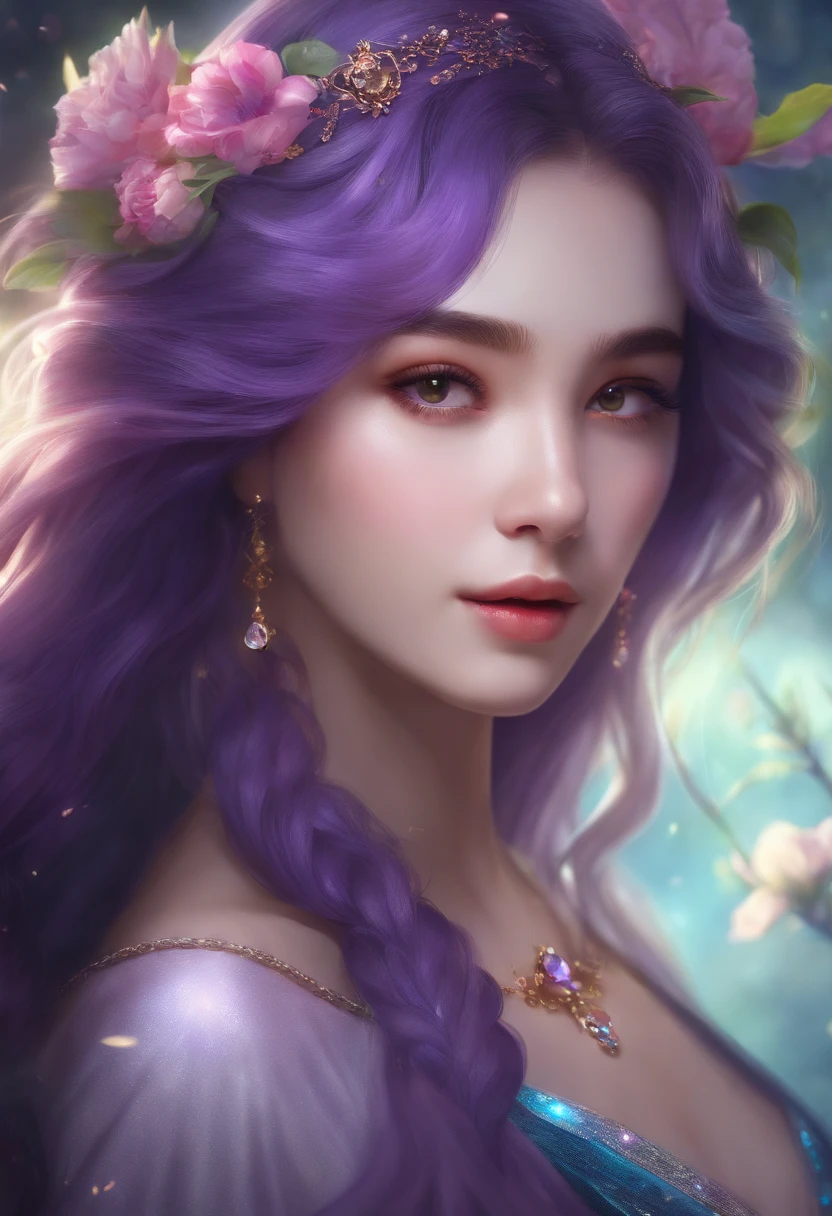 (((masterpiece))), best quality, illustration, 4K wallpaper, cinematic light, Absurdres, protrait of 1girl, long hair, purple crystal hair, glow hair, bloom hair, clothing princess, looking front
