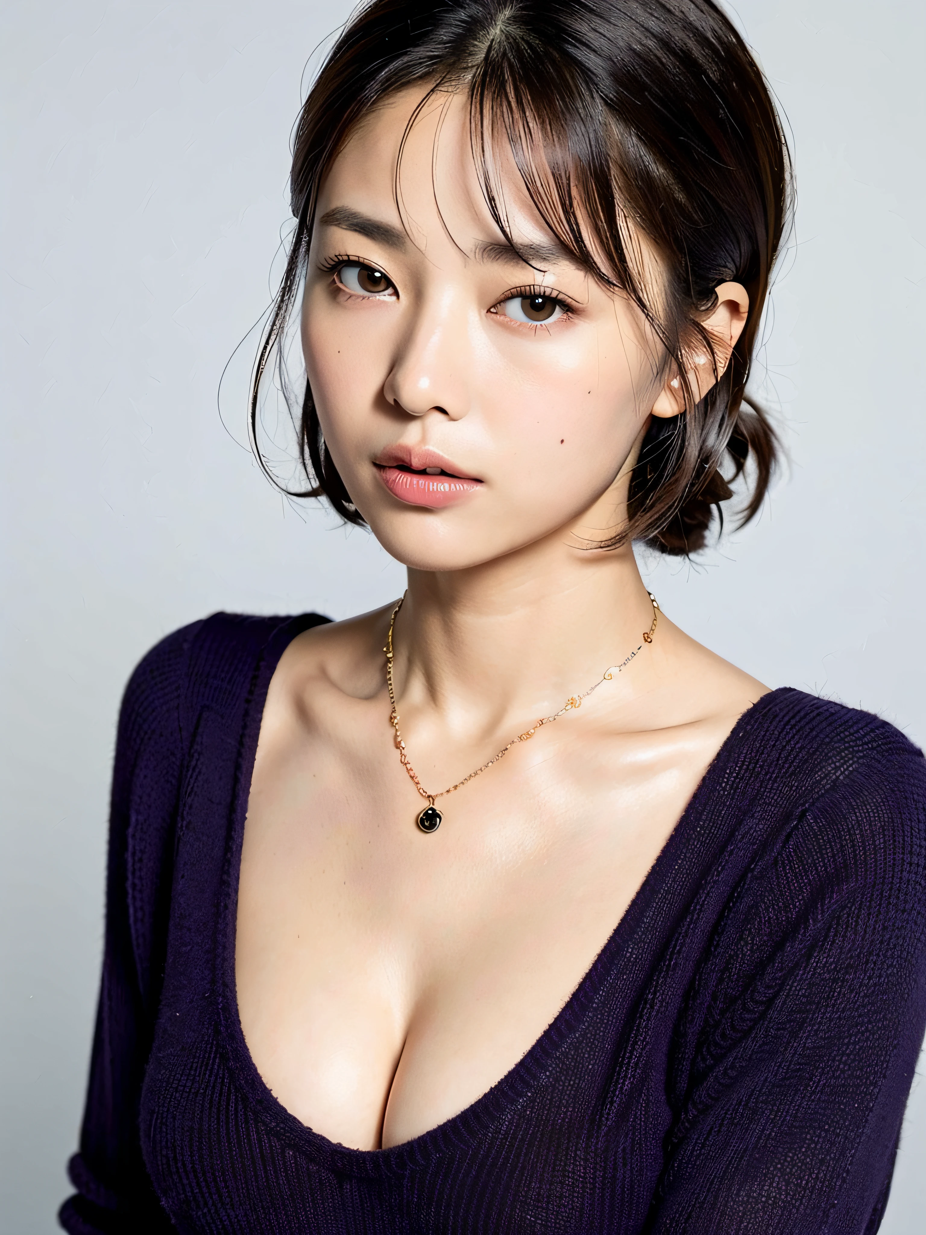 (top-quality、8K、32K、masterpiece、nffsw:1.2)、Photos of Japan women、Round-faced beauty at 50 years old、large full breasts、very short bobbed hair、The upper part of the body、sface focus、Oversized purple sweater、a necklace、simple background、From above、looking at the viewers、