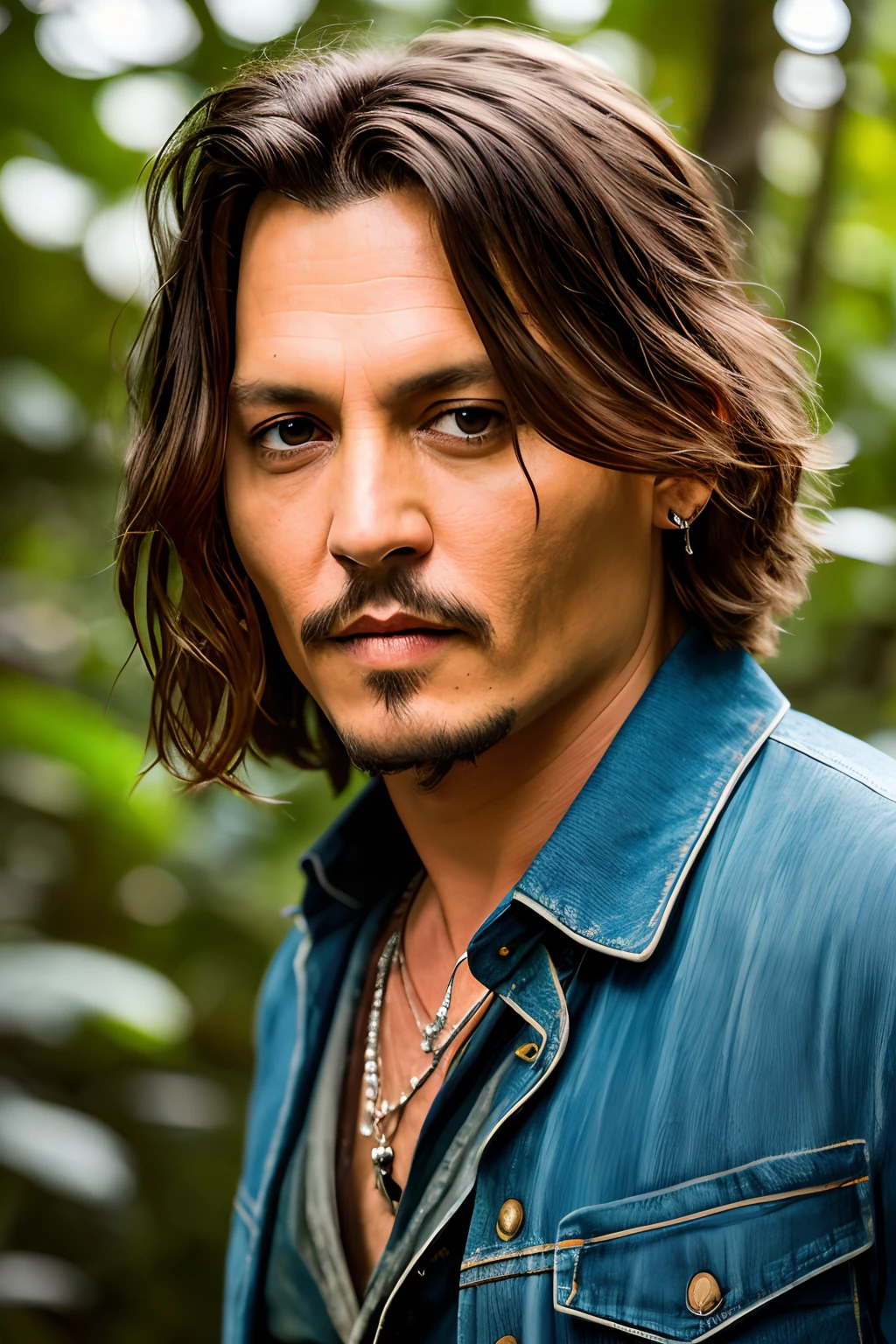tmasterpiece, Young Johnny Depp with a naked torso walks through the night jungle among fireflies, (higly detailed: 1 1), rough face, natural skin, hiquality, nsfw, pretty eyes, (Detailed face and eyes), (s face: 1 2), tumult, extra, real-photo, PSD, Lamp photography, Sharp focus, contrast lighting, Detailed leather, high resolution 8k, Insane detailed, realistness, professional photo of a, 8k UHD, DSLR Camera, soft-lighting, hiquality, film grains, Fujifilm XT3