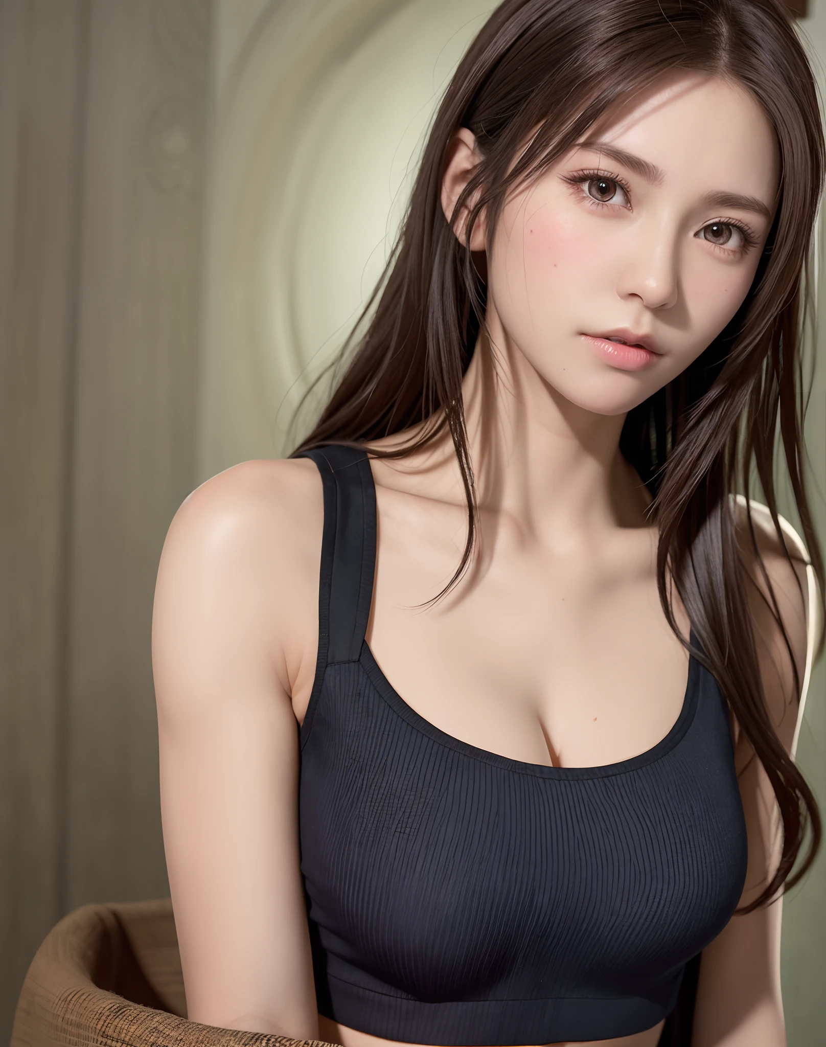 high quality picture, masutepiece, detailed hair texture, Detailed skin texture, Detailed Cloth Texture, 8K, Add fabric details, ultra detailed skin texture, ultra detailed photographic, Skin pores, Portrait of a girl, wearing tank top,