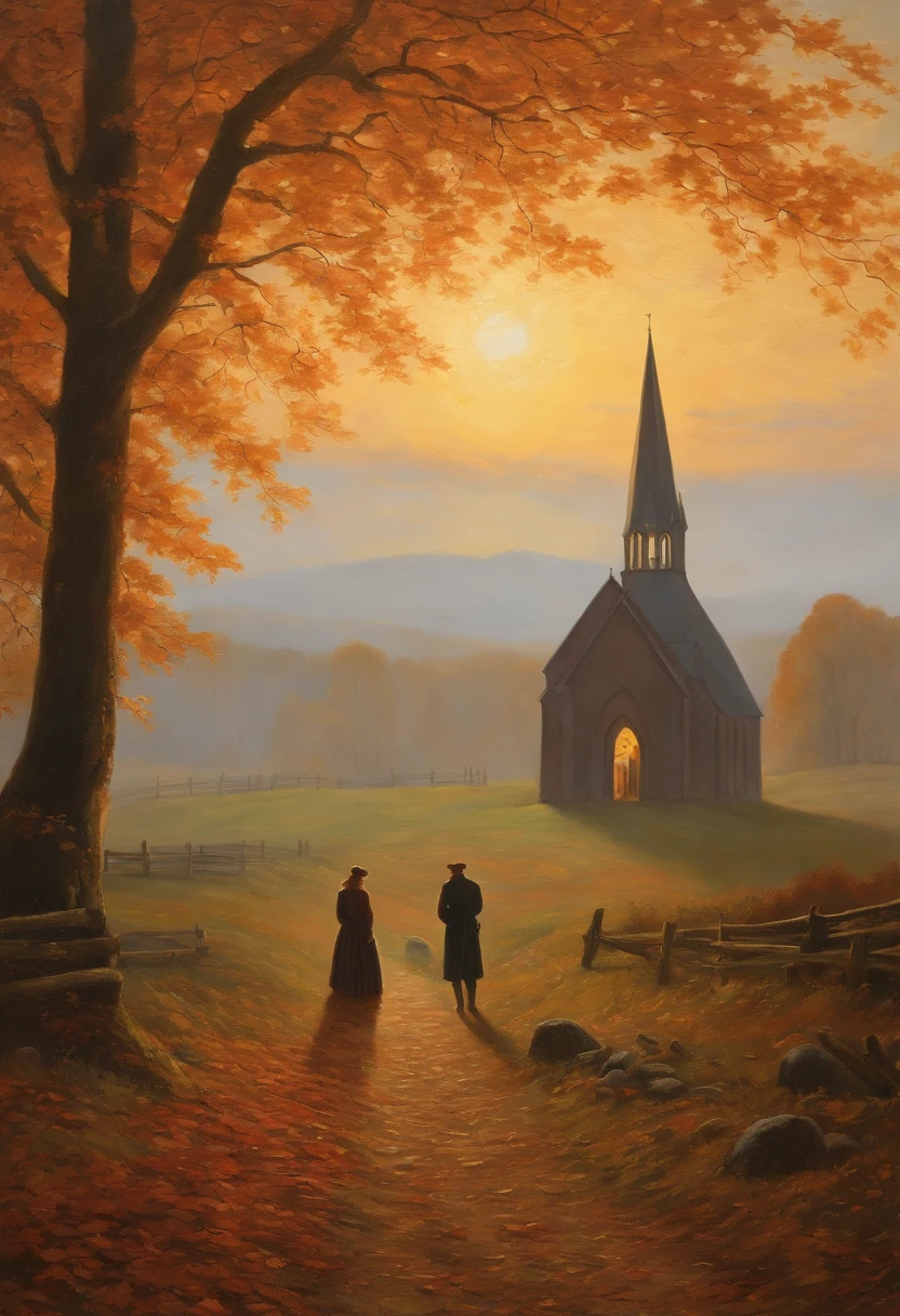 Oil Painting of Two People, die auf einem Feld mit einer Kirche im Hintergrund spazieren gehen, warmes Herbstlicht, colorful leaves, Sonne seitlich von vorn, a painting by Caspar David Friedrich, Shutterstock, Romantik, , Kramskoi 4 K, Romantik Malerei, Gotische Malerei, Romantik Landschaftsmalerei, asher david friedrich, caspar friedrich, dunkel, david friedrich, atmospheric scene,