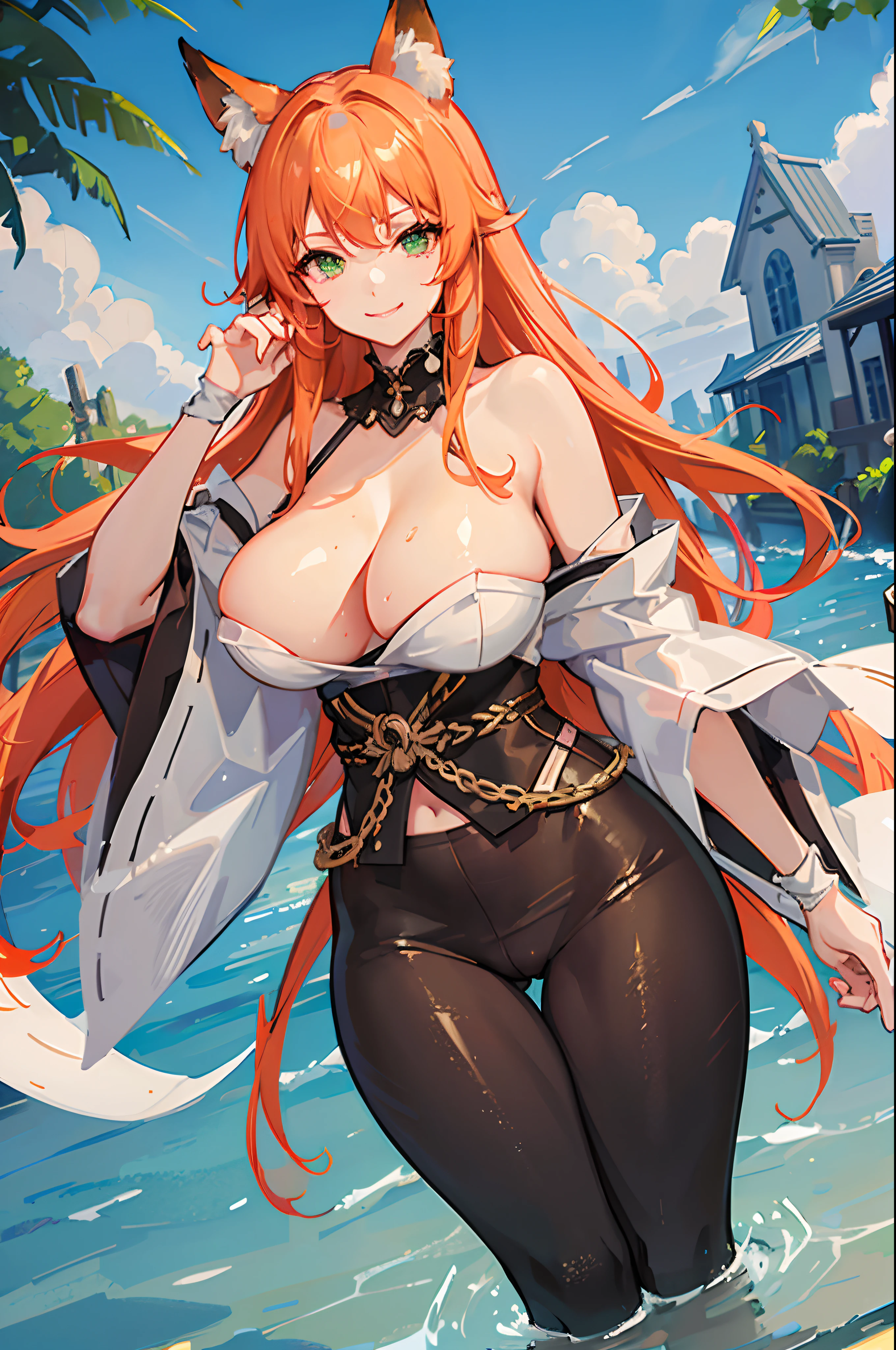 (Masterpiece, best quality, beautiful eyes, highly detailed, high res), 1girl, fox girl, fox ears, fox tail, orange hair, green eyes, Japanese priestess, goddess, mature woman, big breasts, massive breasts, massive cleavage, sexy, shiny skin, wet skin, water temple, water, wet clothes, shiny clothes, beautiful face, mommy body, divine, smiling, tight clothes, thick thighs,