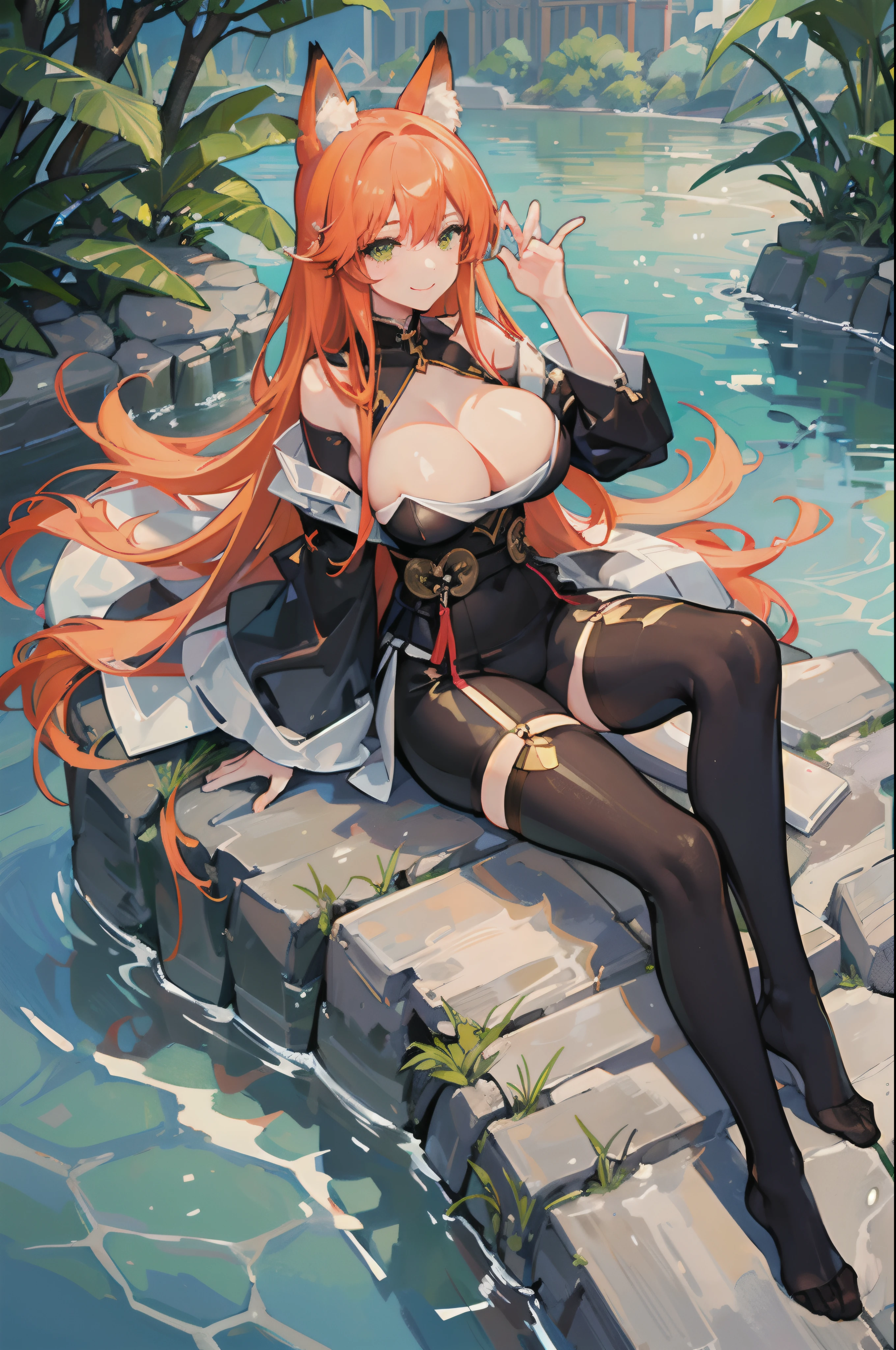 (Masterpiece, best quality, beautiful eyes, highly detailed, high res), 1girl, fox girl, fox ears, fox tail, orange hair, green eyes, Japanese priestess, goddess, mature woman, big breasts, massive breasts, massive cleavage, sexy, shiny skin, wet skin, water temple, water, wet clothes, shiny clothes, beautiful face, mommy body, divine, smiling, tight clothes, thick thighs,