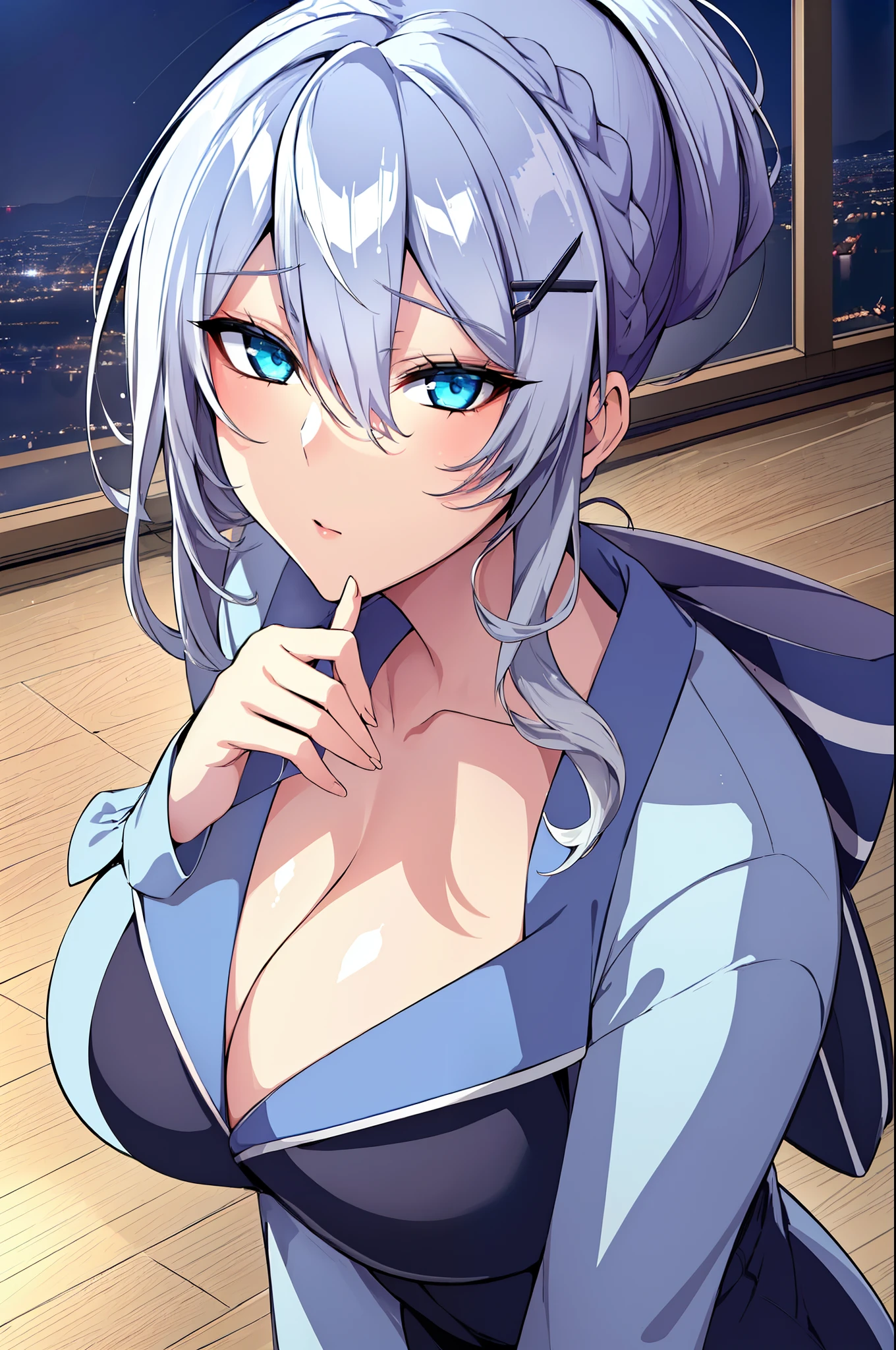 (Night:1.7), Japan, cyberpunk, CityView, Before Window,wooden floor,
Standing at attention,
Blue Jacket, Grey Shirt, collarbone, deep cleavage,
jewelry,gem,bangs, silver Hair, blue Eyes, Braid,long hair, low ponytail, a bow tie,hair ornament, hairclip,
1 girl, 20yo,Young female,Beautiful Finger,Beautiful long legs,Beautiful body,Beautiful Nose,Beautiful character design, perfect eyes, perfect face,expressive eyes,
looking at viewer, in the center of the image,(Upper_body),(Focus on her face),
official art,extremely detailed CG unity 8k wallpaper, perfect lighting,Colorful, Bright_Front_face_Lighting,shiny skin,
(masterpiece:1.0),(best_quality:1.0), ultra high res,4K,ultra-detailed,
photography, 8K, HDR, highres, absurdres:1.2, Kodak portra 400, film grain, blurry background, bokeh:1.2, lens flare, (vibrant_color:1.2)
(Beautiful,Breasts), (beautiful_face:1.5),(narrow_waist),