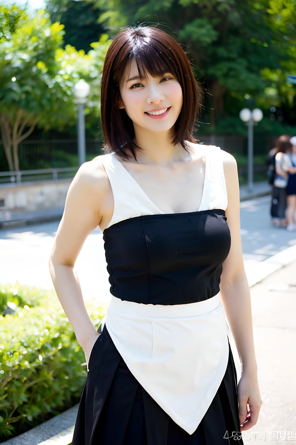 masterpiece, top-quality, Photorealsitic、a park、Esbian、A 40-year-old woman、full body Esbian、Short-cut hair、Smile at the Japan、skirt by the、portlate、Beautiful、Slightly chubby