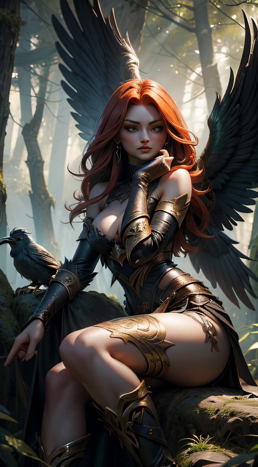Harpyia is a mythological creature that combines bird and human elements. Their body resembles a woman with human hands and head, but they have large wings similar to birds of prey. These wings have thick feathers and sharp tips, giving a fierce and deadly impression. Harpyia's face was decorated with sharp eyes full of intelligence, in style of dark fantasy art, dark fantasy style art, make a forest background, a close up of a woman sitting on a tree. make the atmosphere of the picture mysterious ,(ti_turner sophie turner:1.1), detailed face, (extremely detailed 8k wallpaper), [by justin gerard and greg rutkowski, realistic, dnd, character design, trending on artstation:professional photography, award winning photography, fill light, analog 85mm sharp focus, d750 hdr photo by Ying Tang , focus on the eyes, 8k canon RAW, art photography, hard light, movie still from Braveheart ,