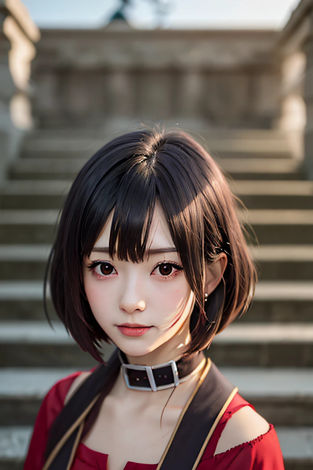 4K、finedetail、超A high resolution、Detail Face、Delicat eyes、Gradient Eyes、gradation hair、light tracing、realskin、Beautiful skin、((​masterpiece、top-quality))、Megumin_Konosuba, Upper body, Smile, blush, Short hair, Black hair, Red Eye, Outdoors, day, Simple background, Blue sky, Short hair, skyporn, temple, Looking at the viewer, stairs, mont, Moody lighting, Facing the viewer,