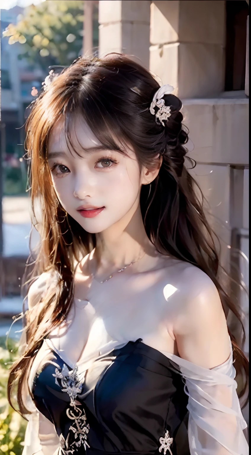 (ultra-realistic realism)、(illustratio)、(A high resolution)、(8K)、(The is very detailed)、(Best Illustration)、(Beautifully detailed eyes)、(top-quality)、(ultra - detailed)、(tmasterpiece)、(the wallpaper)、(A detailed face)、独奏、1 girl in、looking at viewert、finedetail、A detailed face、in the darkness nigth、deep shading、low tune、pureerosfaceace_V1、A smile、Long、Black shawl straight hair、46-point diagonal bangs, (Silk dress、long skirt)(cropped shoulders)((A woman stands against the city wall))