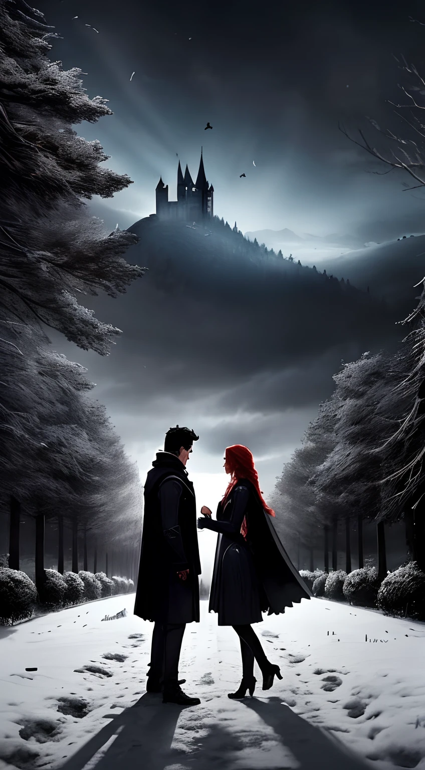 Imagine: There is a silhouette of a man with dark hair, blue eyes and white skin, dressed in black clothes and a coat, he is next to a beautiful red-haired woman. In the background there is a large, gloomy castle surrounded by trees at night, with bats flying in the sky.