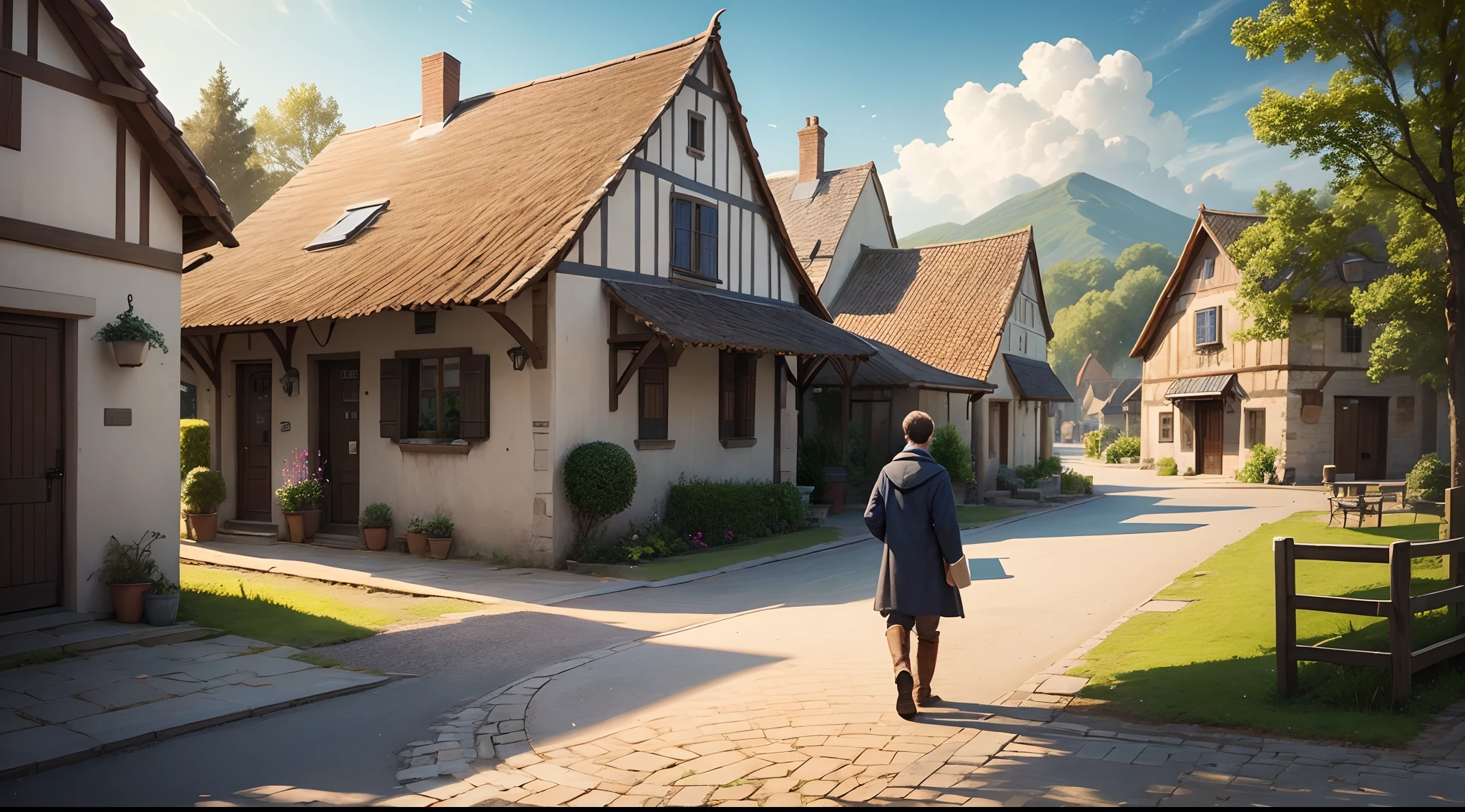 Create an image of a tranquil village square with a man named Samuel discovering a wallet on the ground."