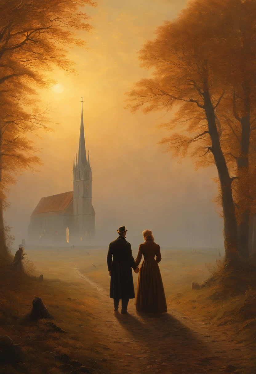 Oil Painting of Two People Man and Woman, die auf einem Feld mit einer Kirche im Hintergrund spazieren gehen, Herbstlicht, Sonne seitlich von vorn, a painting by Caspar David Friedrich, Shutterstock, Romantik, , Kramskoi 4 K, Romantik Malerei, Gotische Malerei, Romantik Landschaftsmalerei, asher david friedrich, caspar friedrich, dunkel, david friedrich, atmospheric scene,