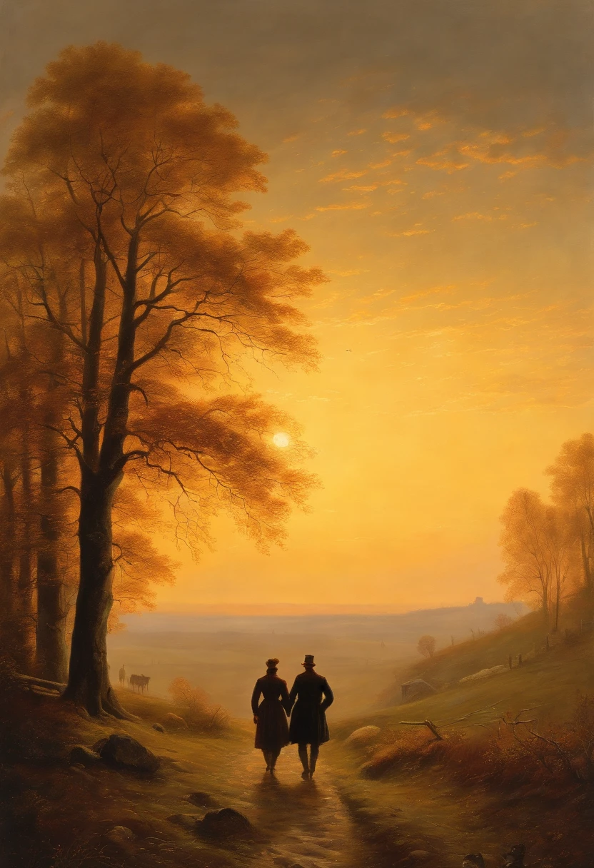 Oil Painting of Two People Man and Woman, die auf einem Feld mit einer Kirche im Hintergrund spazieren gehen, Herbstlicht, Sonne seitlich von vorn, a painting by Caspar David Friedrich, Shutterstock, Romantik, , Kramskoi 4 K, Romantik Malerei, Gotische Malerei, Romantik Landschaftsmalerei, asher david friedrich, caspar friedrich, dunkel, david friedrich, atmospheric scene,