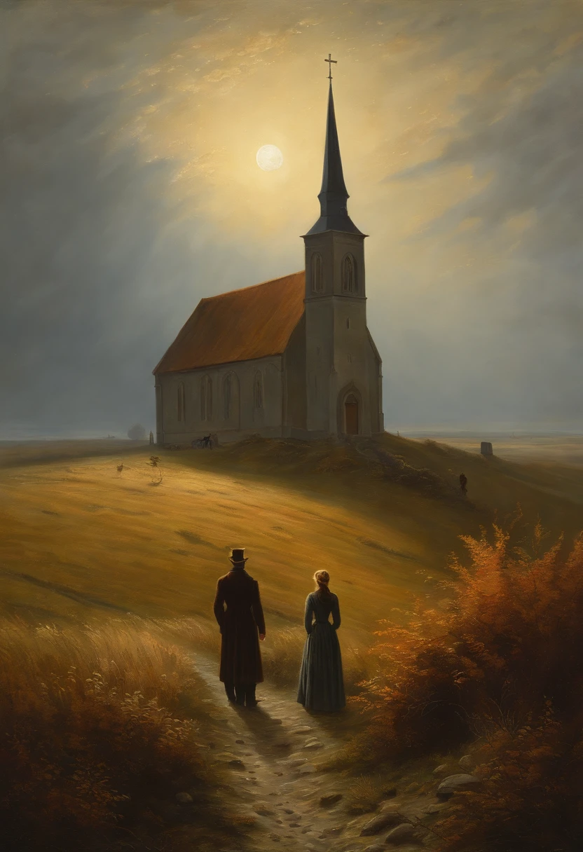 Oil Painting of Two People Man and Woman, die auf einem Feld mit einer Kirche im Hintergrund spazieren gehen, Herbstlicht, Sonne seitlich von vorn, a painting by Caspar David Friedrich, Shutterstock, Romantik, , Kramskoi 4 K, Romantik Malerei, Gotische Malerei, Romantik Landschaftsmalerei, asher david friedrich, caspar friedrich, dunkel, david friedrich, atmospheric scene,