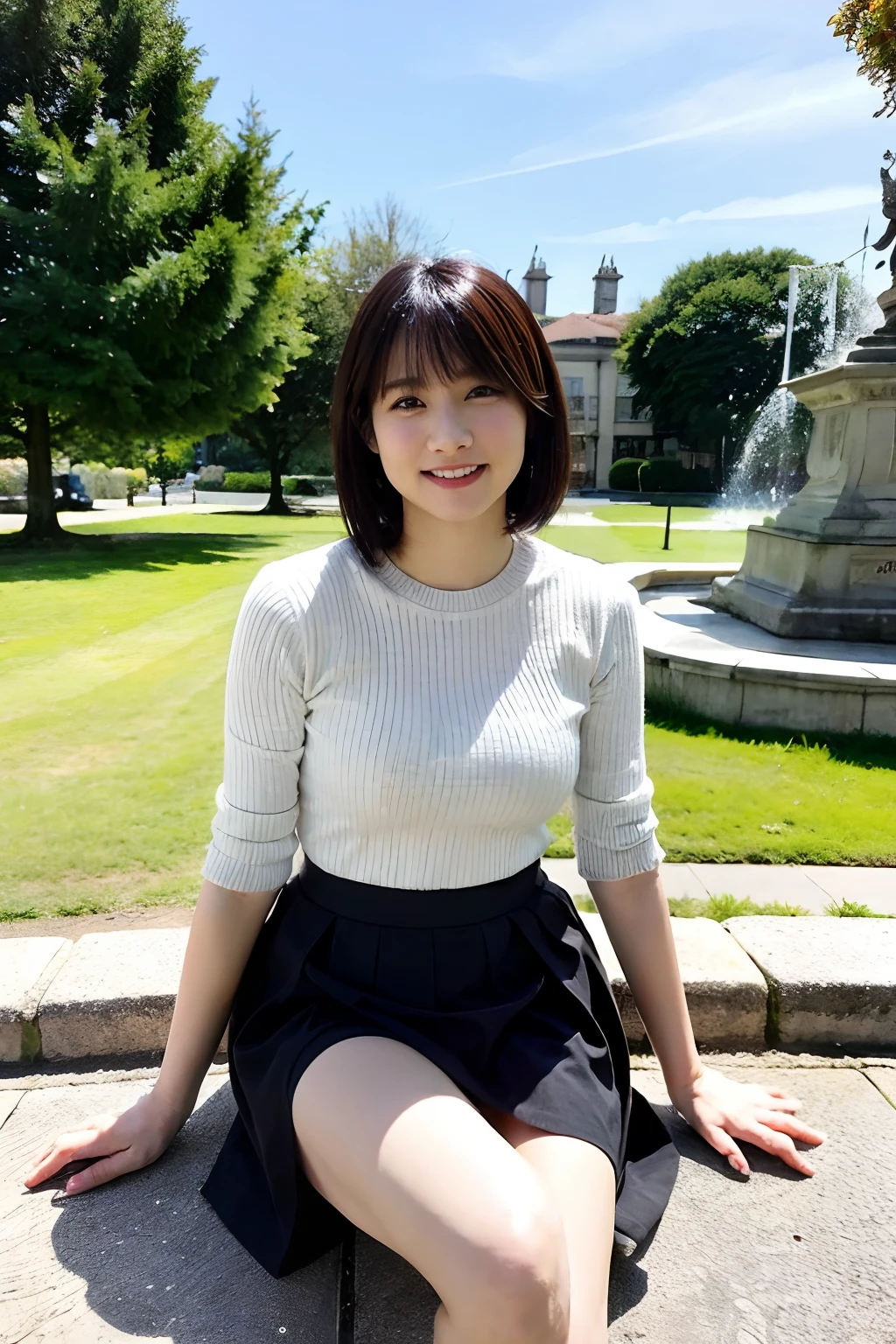 ​masterpiece, top-quality, Photorealsitic、a park、Esbian、A 40-year-old woman、full body Esbian、Short-cut hair、Smile at the Japan、skirt by the、portlate、Beautiful、Slightly chubby