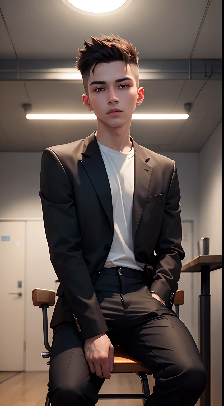 young man name urban legend with short spiky hair in Studio co seeing camera front sit on chair alone show full body