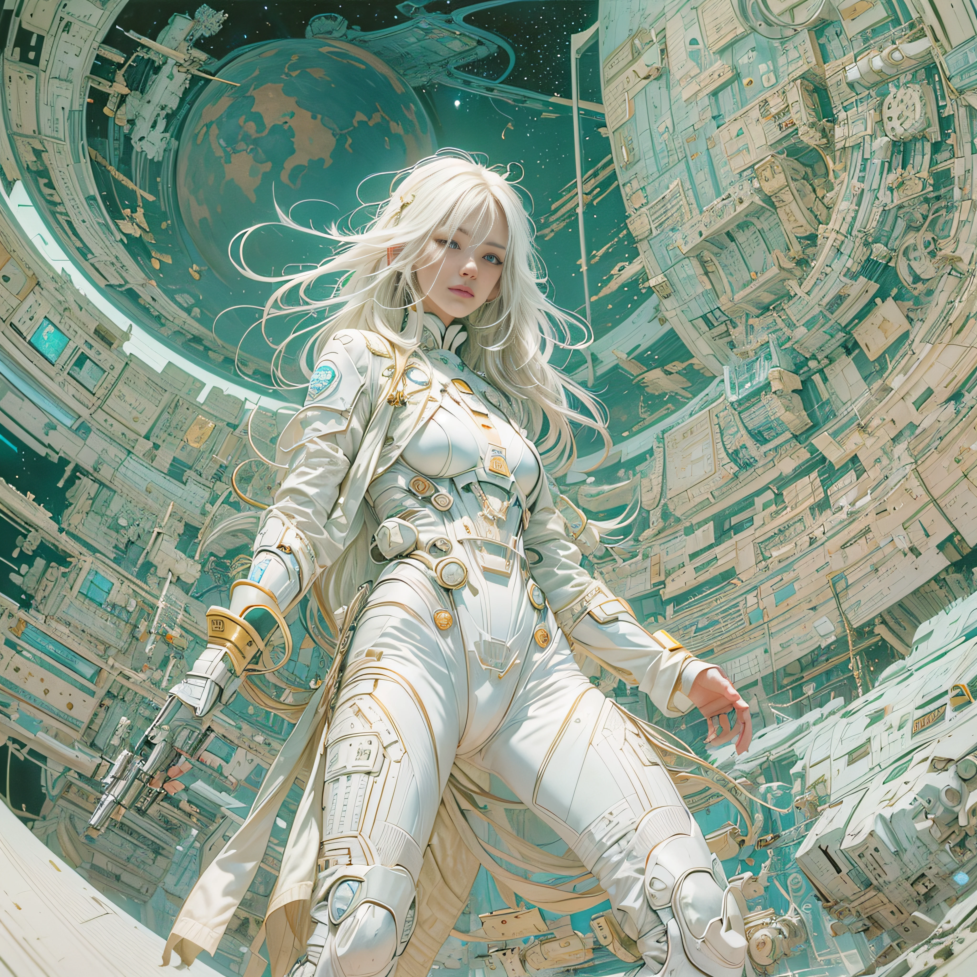 tmasterpiece,One monk warrior girl dressed in white high-tech suit,White long hair,Ren Hao,abstract vintage scifi background,art by Moebius,The Art of Ashley Wood,dynamicposes,Let loose the earth,cosmic starry sky