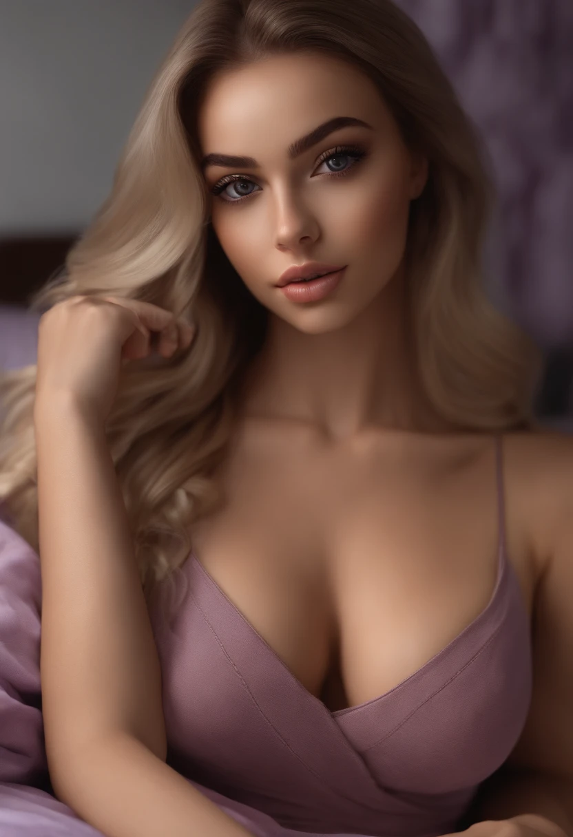 arafed woman fully , sexy girl with dark eyes, ultra realistic, meticulously detailed, portrait sophie mudd, straight blonde hair and big eyes, selfie of a young woman, bedroom eyes, violet myers, natural makeup, looking directly at the camera, face with artgram, subtle makeup, stunning full body shot kneeling on bed, in bedroom, medium to large size bust