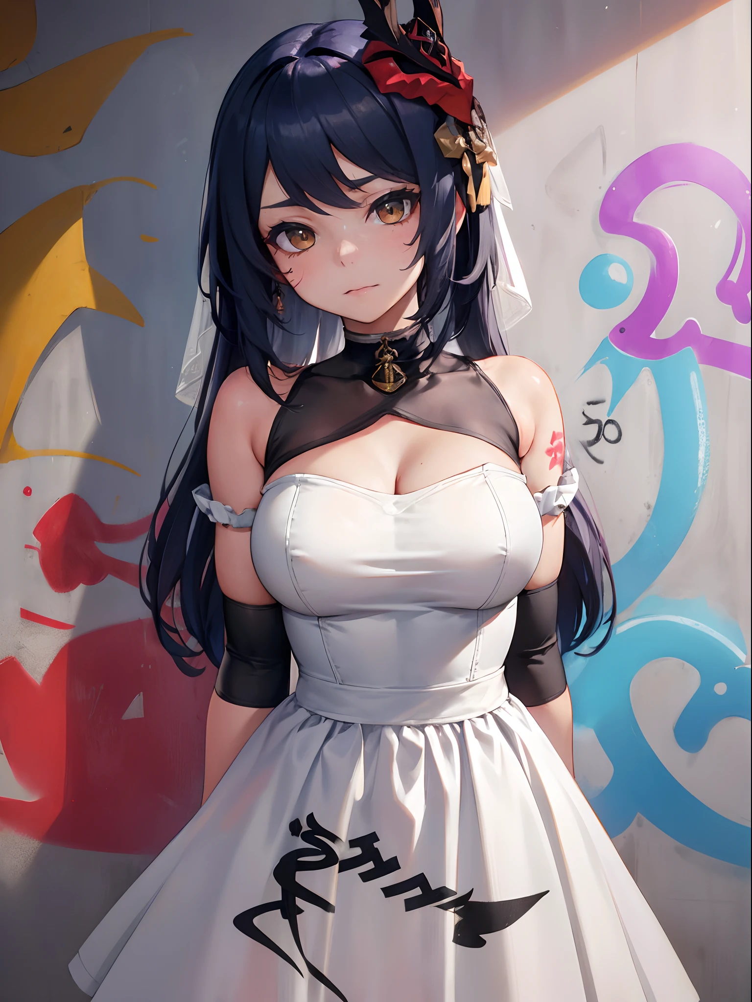 Kujou Sara| genshin impact, master-piece, bestquality, 1girls,25 years old, proportional body, proportional., Wedding Dresses, White Wedding Dress, wedding,Long skirt, mediuml breasts, ,bara, choker, (Graffiti:1.5), Splash with purple lightning pattern., arm behind back, against wall, View viewers from the front., Thigh strap, Head tilt, bored, 10, 10, HD,