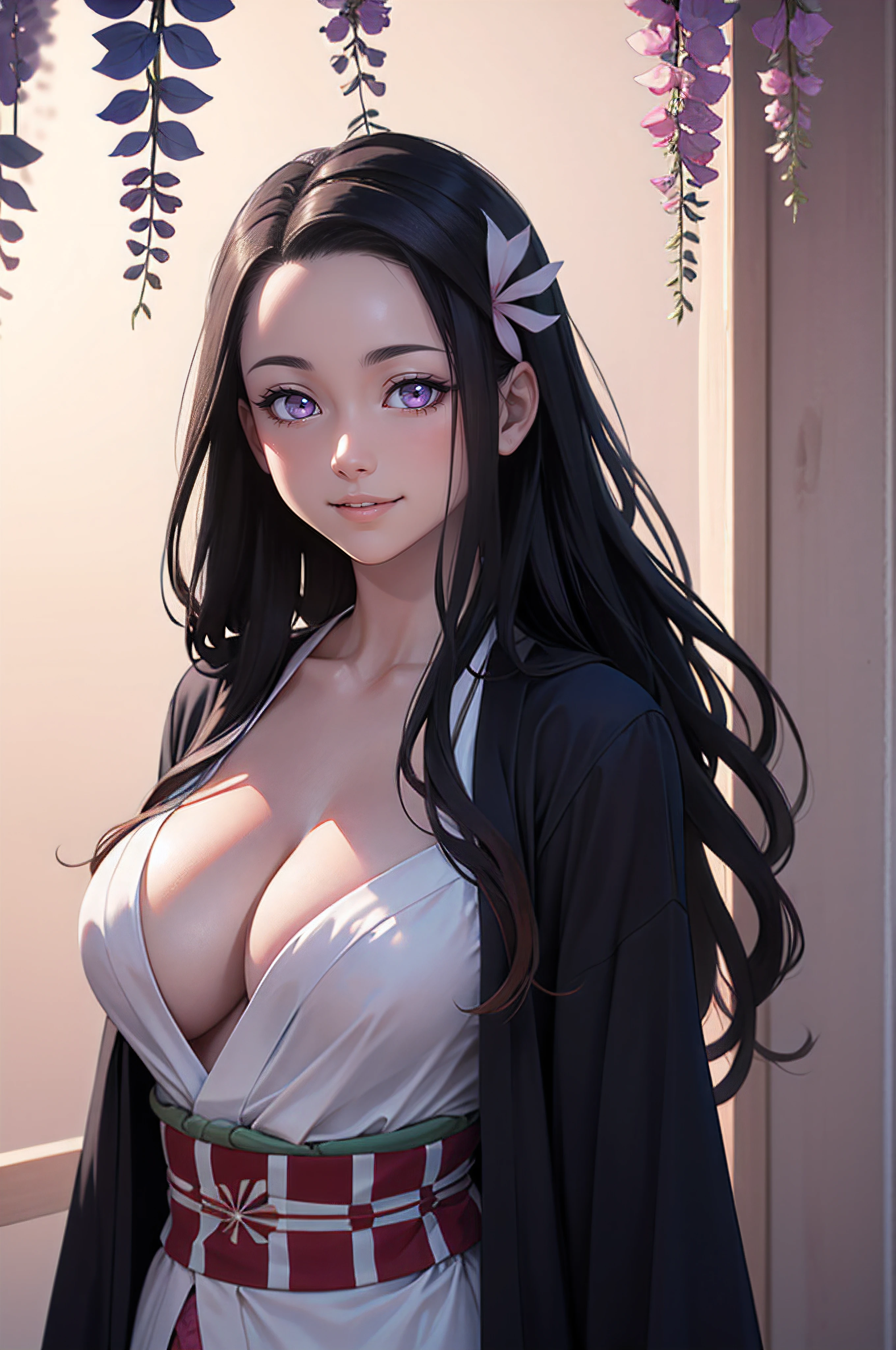 kimono,eyes shining,hair ends orange, natural light, cinematic light, realistic body, detailed body, detailed eyes, realistic face, masterpiece, not wearing clothes, naked, vagina, pussy, masterpiece, not wearing clothes, naked, vagina, pussy, high quality, 8k, best quality,Masterpiece,Seductive face, Large breasts with cleavage,smile,Good lighting, Masterpiece, Glowing eyes, 1girll, Black hair, on the face, Nezuko Kamado, Wisteria background, Best quality,
