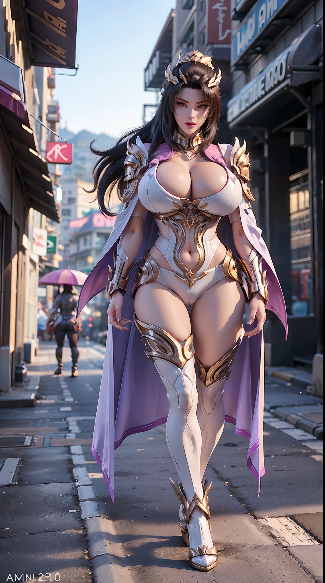 1GIRL, SOLO, (DRAGON QUEEN HELM, PONYTAIL), (HUGE FAKE BOOBS:1.3), (WHITE, PURPLE, GOLD), (STREET CITY BACKGROUND), (FUTURISTIC ICE PHOENIX MECHA BODYSUIT, ROYAL CAPE, CLEAVAGE:1.2), (SKINTIGHT YOGA HOTPANTS, HIGH HEELS:1.2), (PERFECT BODY, FULL BODY VIEW:1.5), (LOOKING AT VIEWER), (WALKING DOWN:1.2), MUSCLE ABS:1.3, ULTRA HIGHT DEFINITION, 8K, 1080P.