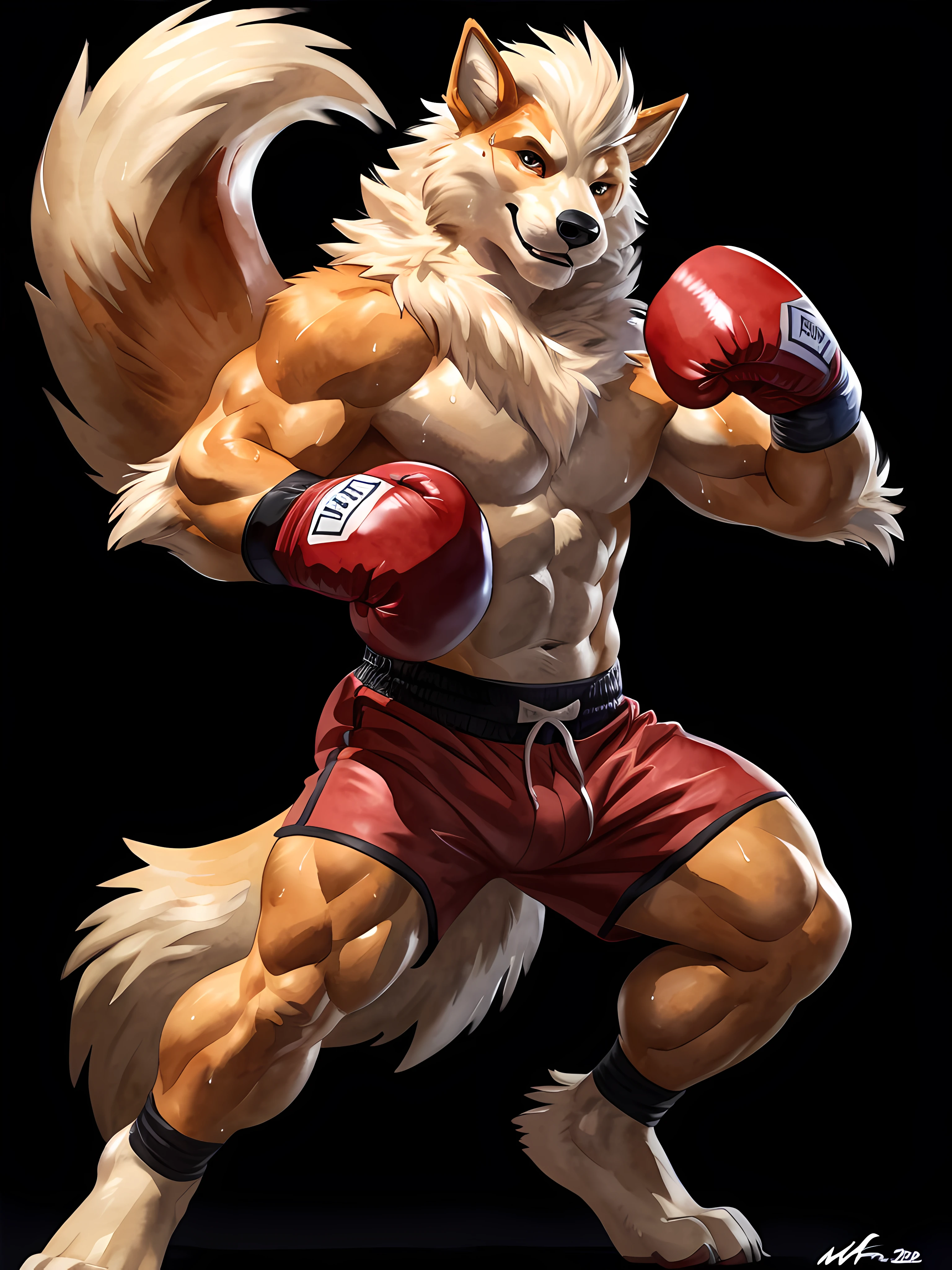 anthro Arcanine, posing for the camera, wearing boxing gloves. 4k, high resolution, best quality, posted on e621, (solo:1.2), anthro body, male, mane, adult, masculine, (athletic, muscular, heavyweight:1.2), correct anatomy, (black background, no background, featureless background:1.4), (by wfa:1.2), (by chunie, by Taran Fiddler:0.8), (detailed eyes:1.2), sexy, (cel shaded:1.2), cartoony shading, (watercolors:1.2), (fluffy tail:1.2), (full body:1.2), cocky smile, single lowered brow, (boxing gloves:1.2), (boxing trunks:1.2), (looking at viewer:1.2), bright eyes, (sweat:1.2)