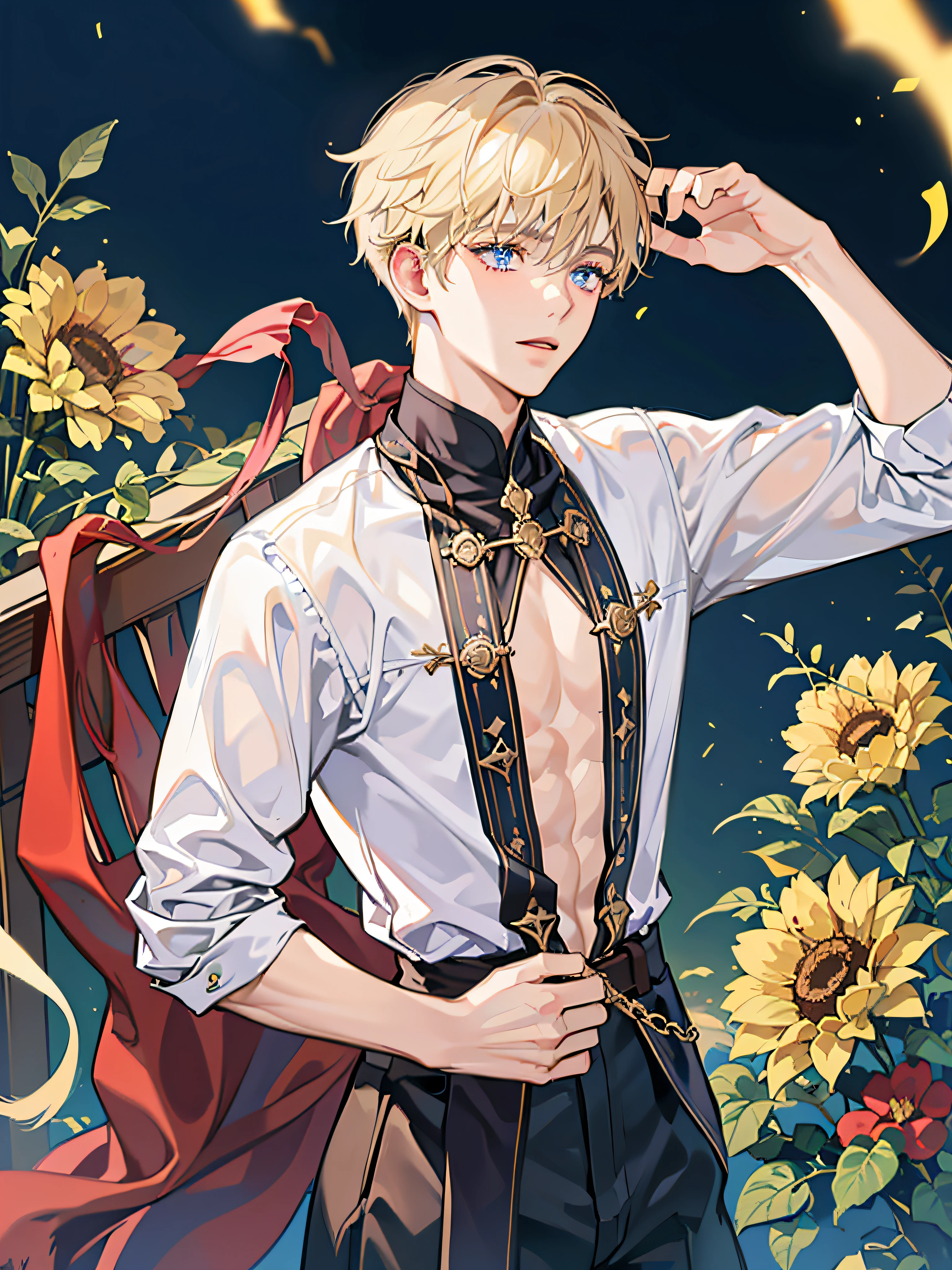 (absurderes, hight resolution, ultra-detailliert, nffsw), masutepiece, Best Quality, Portrait of a boy, Handsome boy with red eyes, Detailed face, professional photograpy, The Alafed Man Is Shirtless,,18 yo boy, Handsome boy, [ Firmly defined body ]，Abs，Chest muscles，Large bulge，Speleosem，torches，Rope binding，a blond、blue eyess