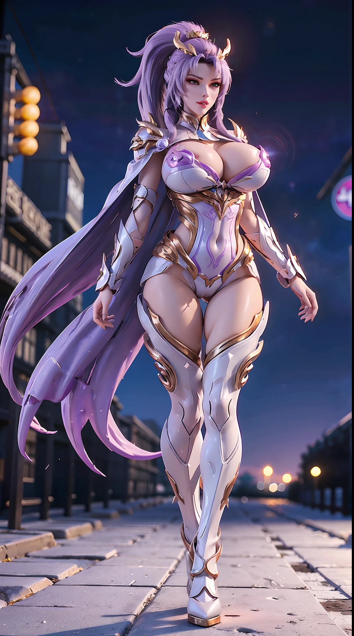 1GIRL, SOLO, (DRAGON QUEEN HELM, PONYTAIL), (HUGE FAKE BOOBS:1.3), (WHITE, PURPLE, GOLD), (STREET CITY BACKGROUND), (FUTURISTIC ICE PHOENIX MECHA BODYSUIT, ROYAL CAPE, CLEAVAGE:1.2), (SKINTIGHT YOGA HOTPANTS, HIGH HEELS:1.2), (PERFECT BODY, FULL BODY VIEW:1.5), (LOOKING AT VIEWER), (WALKING DOWN:1.2), MUSCLE ABS:1.3, ULTRA HIGHT DEFINITION, 8K, 1080P.