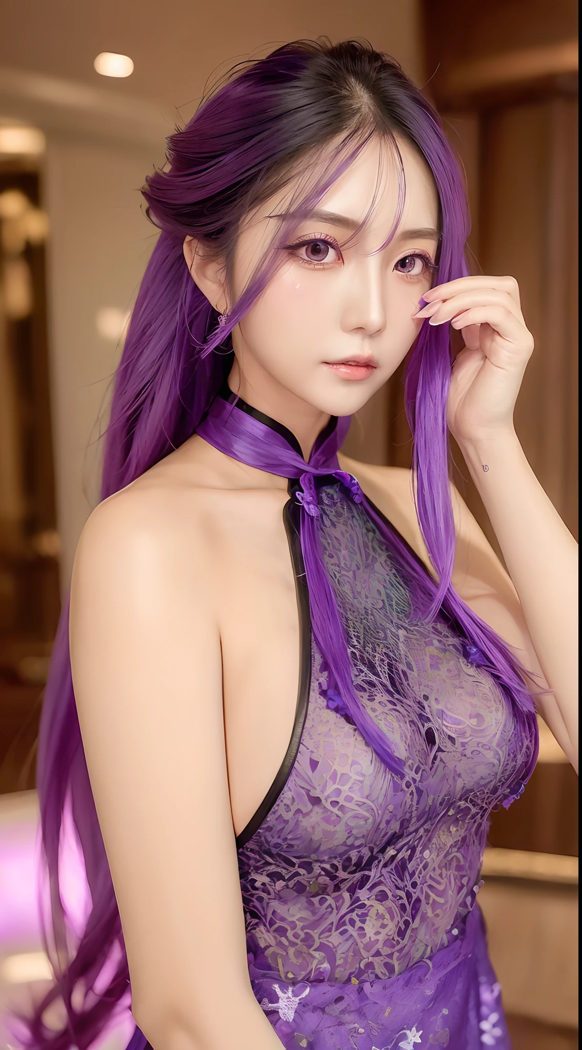 (Long lavender hair, Shining, reflective light，Light wind，Messy), (Purple eyes, vibrant, Glowing), fond violet,Sexy openwork cheongsam， Cinematic lighting