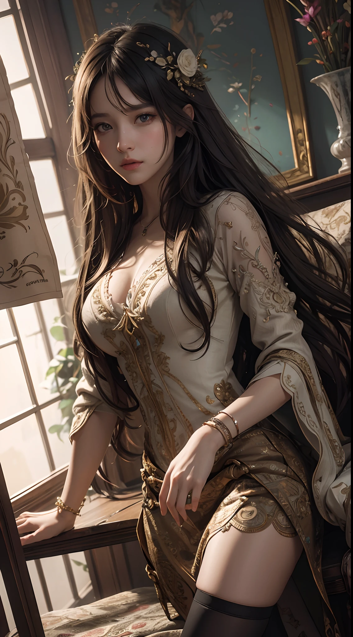 "Get lost in the intricate details of this highly detailed CG unity masterpiece. With a dynamic angle and realistic rendering, this illustration of a girl with messy long hair is a true work of art."