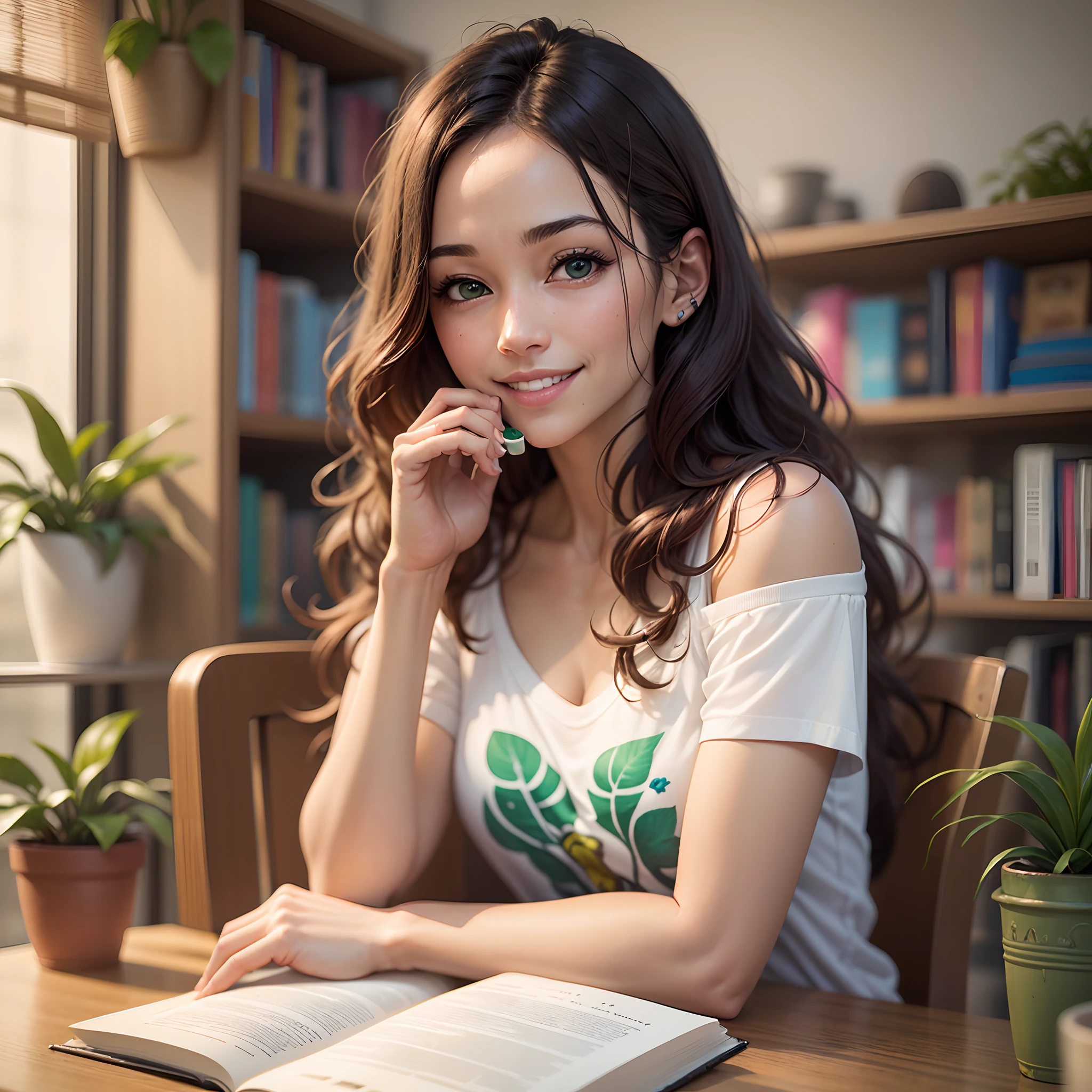detailed (realistic), vivid photography, 35 year old woman, shoulder-legth brown wavy hair, brazilian, cute, slim, wearing white t-shirt, smiling, drinking coffee in front of a small boookshelf with books, geek toys, and green plants --auto --s2