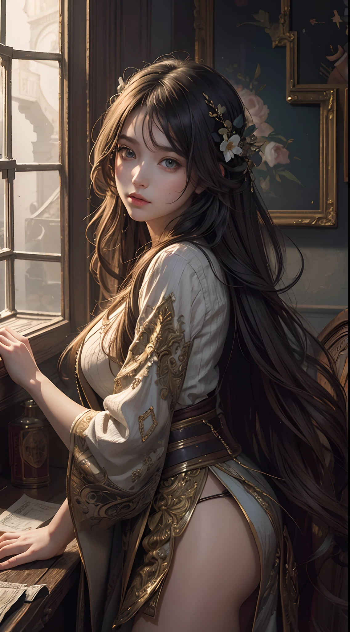 "Get lost in the intricate details of this highly detailed CG unity masterpiece. With a dynamic angle and realistic rendering, this illustration of a girl with messy long hair is a true work of art."