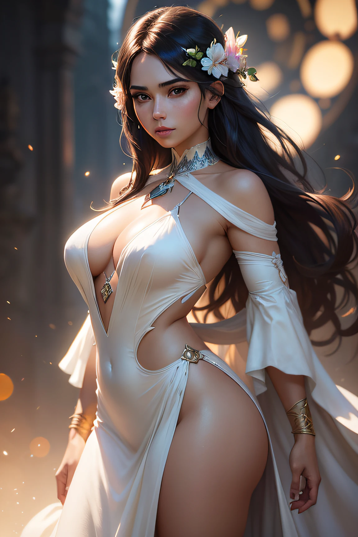 Foto de cintura de una elfa hembra, intrincado, Cara delgada, elegante, con collar de zafiro, vestido blanco ligero con tirantes, front facing camera, Altamente detallado, Pintura digital, Artstation, Arte conceptual, Suave, foco nítido, illustration, Arte de Artgerm y Greg Rutkowski y Alphonse Mucha, 8k, volumetric mist, florecer, rayos de luz, Lumen, Bokeh de manivela