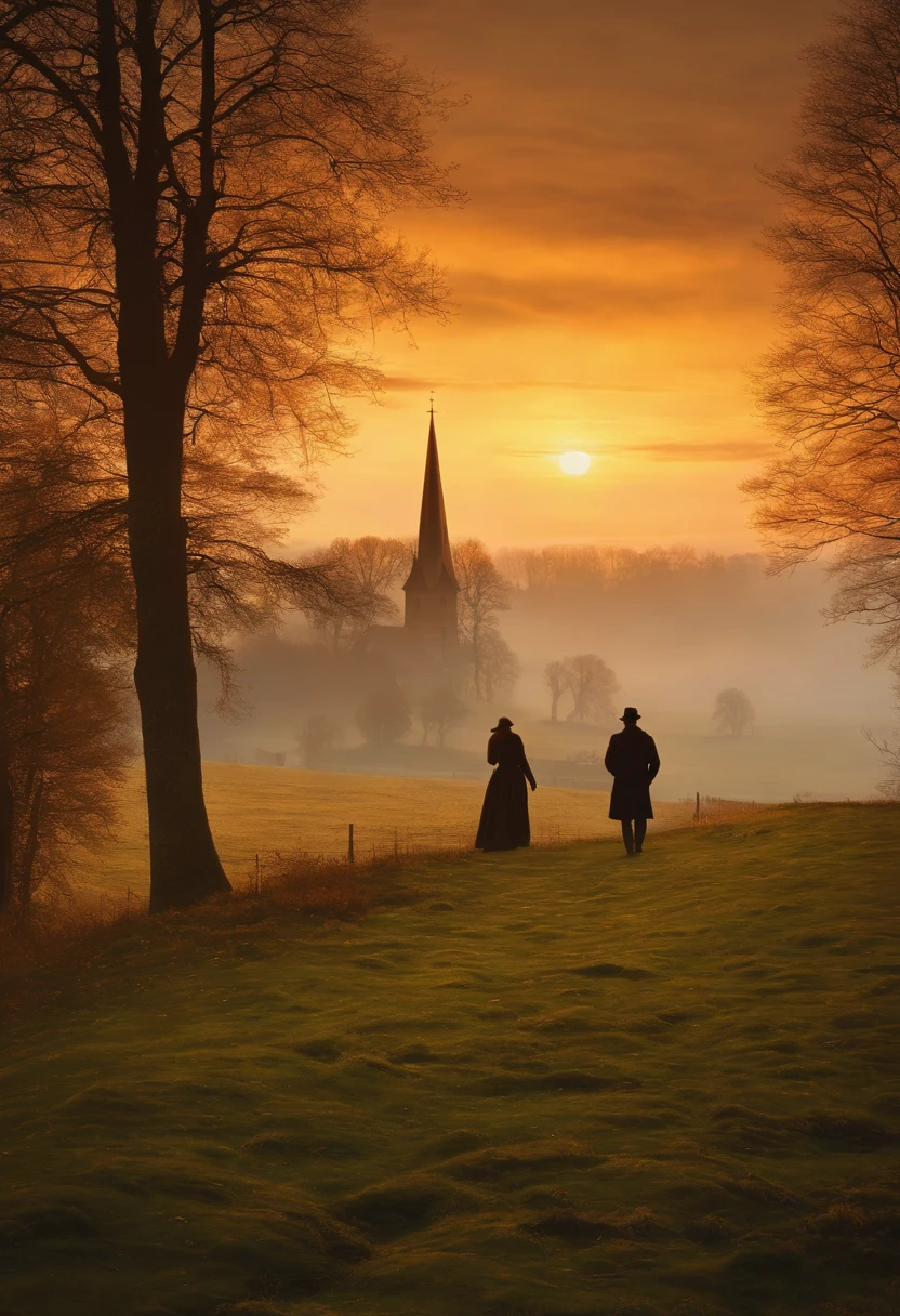 Oil Painting of Two People Man and Woman, die auf einem Feld mit einer Kirche im Hintergrund spazieren gehen, Herbstlicht, Sonne seitlich von vorn, romantisches Licht und Schatten, a painting by Caspar David Friedrich, Shutterstock, Romantik, 4 K, (Romantik Malerei), Gotische Malerei, Romantik Landschaftsmalerei, caspar david friedrich, caspar friedrich, dunkel, david friedrich, atmospheric scene,