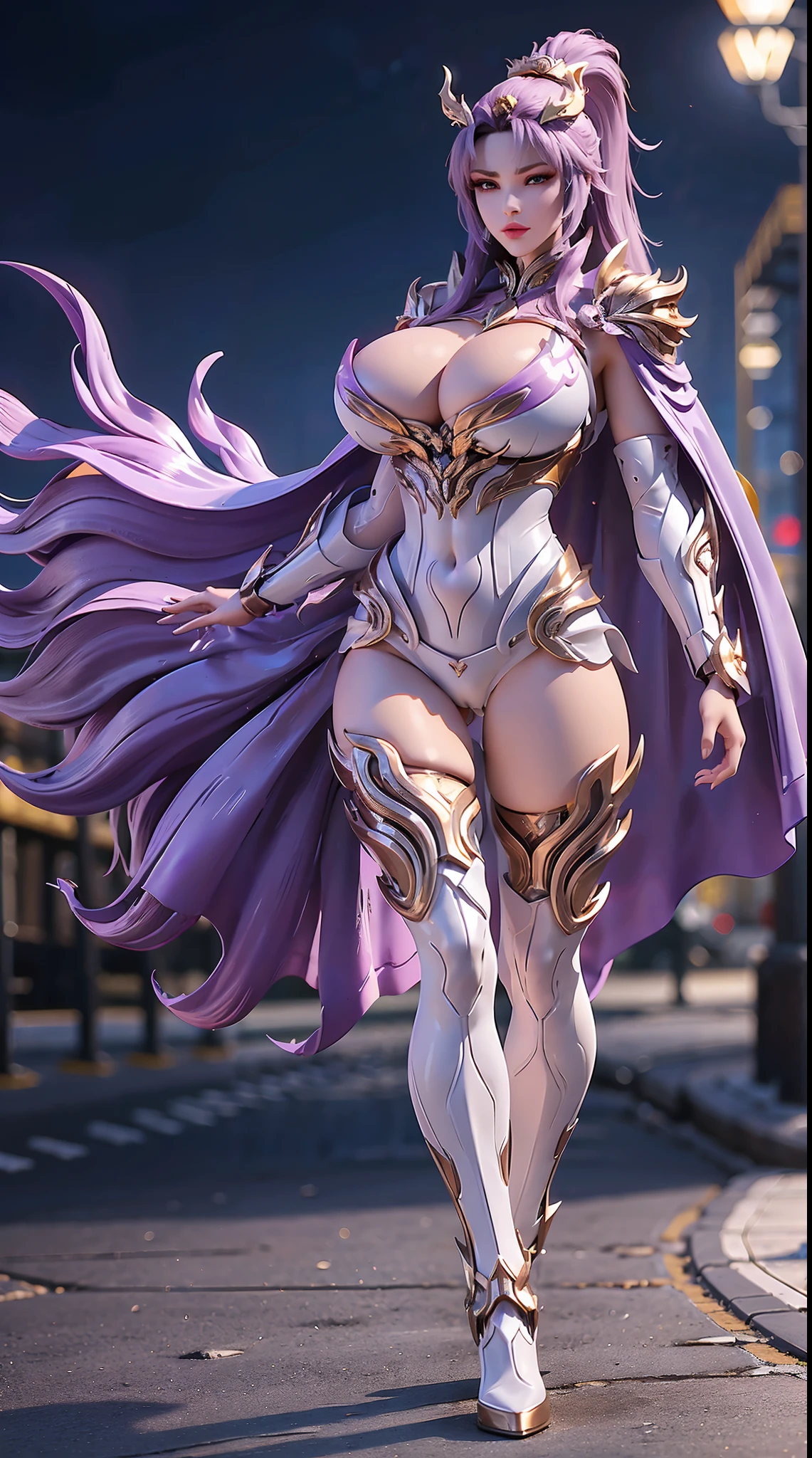 1GIRL, SOLO, (DRAGON QUEEN HELM, PONYTAIL), (HUGE FAKE BOOBS:1.3), (WHITE, PURPLE, GOLD), (STREET CITY BACKGROUND), (FUTURISTIC ICE PHOENIX MECHA BODYSUIT, ROYAL CAPE, CLEAVAGE:1.2), (SKINTIGHT YOGA HOTPANTS, HIGH HEELS:1.2), (PERFECT BODY, FULL BODY VIEW:1.5), (LOOKING AT VIEWER), (WALKING DOWN:1.2), MUSCLE ABS:1.3, ULTRA HIGHT DEFINITION, 8K, 1080P.