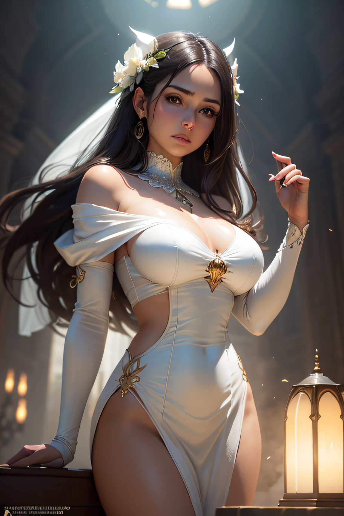 Foto de cintura de una elfa hembra, intrincado, Cara delgada, elegante, con collar de zafiro, vestido blanco ligero con tirantes, front facing camera, Altamente detallado, Pintura digital, Artstation, Arte conceptual, Suave, foco nítido, illustration, Arte de Artgerm y Greg Rutkowski y Alphonse Mucha, 8k, volumetric mist, florecer, rayos de luz, Lumen, Bokeh de manivela